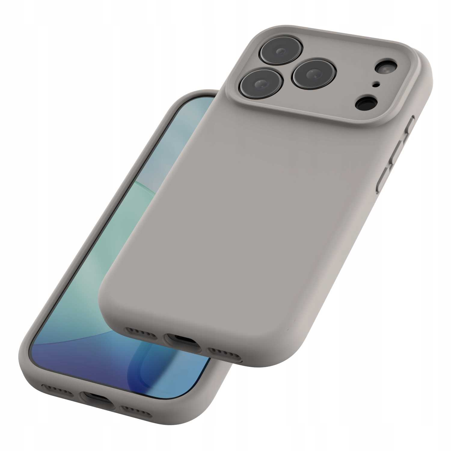 Wyświetlono szare etui na telefon i telefon. Etui ma kilka wycięć na aparat, a ekran jest widoczny.