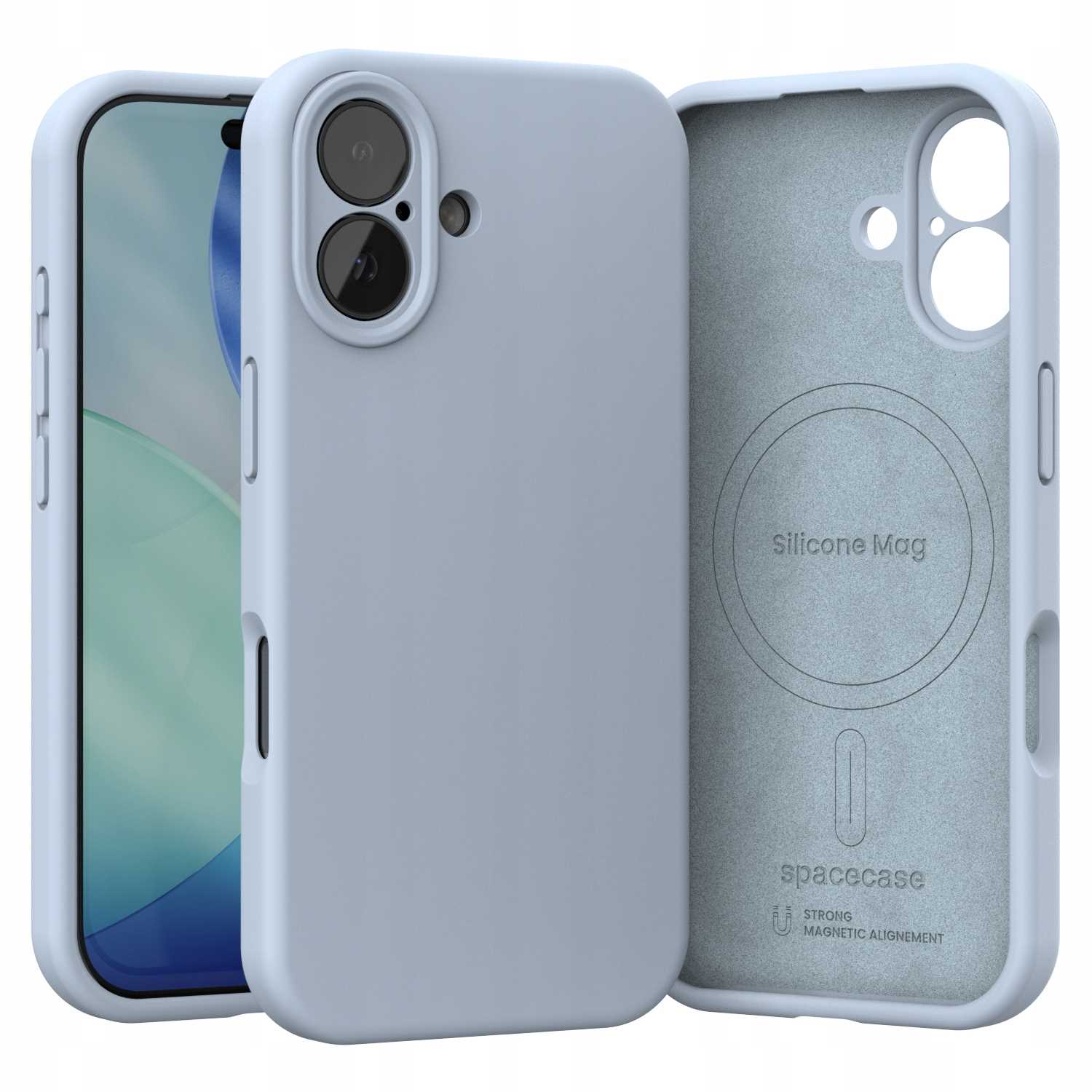 Wyświetlane są trzy jasnoniebieskie etui na telefon. Jedno trzyma telefon, pozostałe są osobne. Posiada branding 'Silicone Mag' i 'spacecase'.