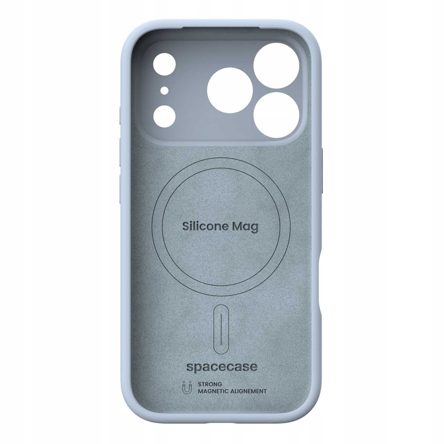 Jasnoniebieskie etui na telefon z wycięciami na aparat. Widnieje napis 'Silicone Mag' i 'spacecase'. Posiada mocne dopasowanie magnetyczne.