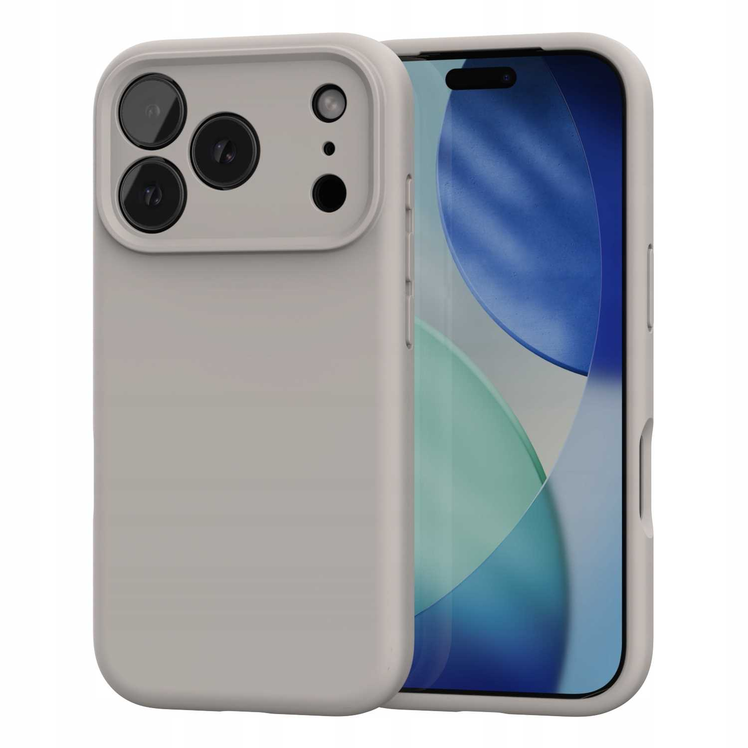 Jasnoszara obudowa telefonu z telefonem w środku. Obudowa ma wycięcia na aparat i gładką powierzchnię. Ekran wyświetla niebiesko-zielony wzór.