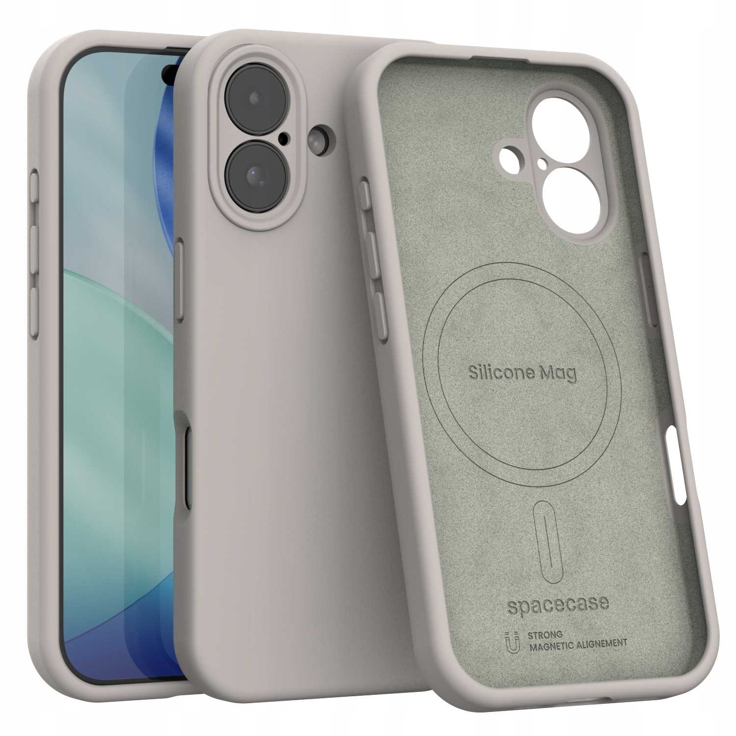 Jasnoszare etui na telefon z telefonem w środku. Etui jest otwarte, pokazując wnętrze z napisami 'Silicone Mag' i 'spacecase'.
