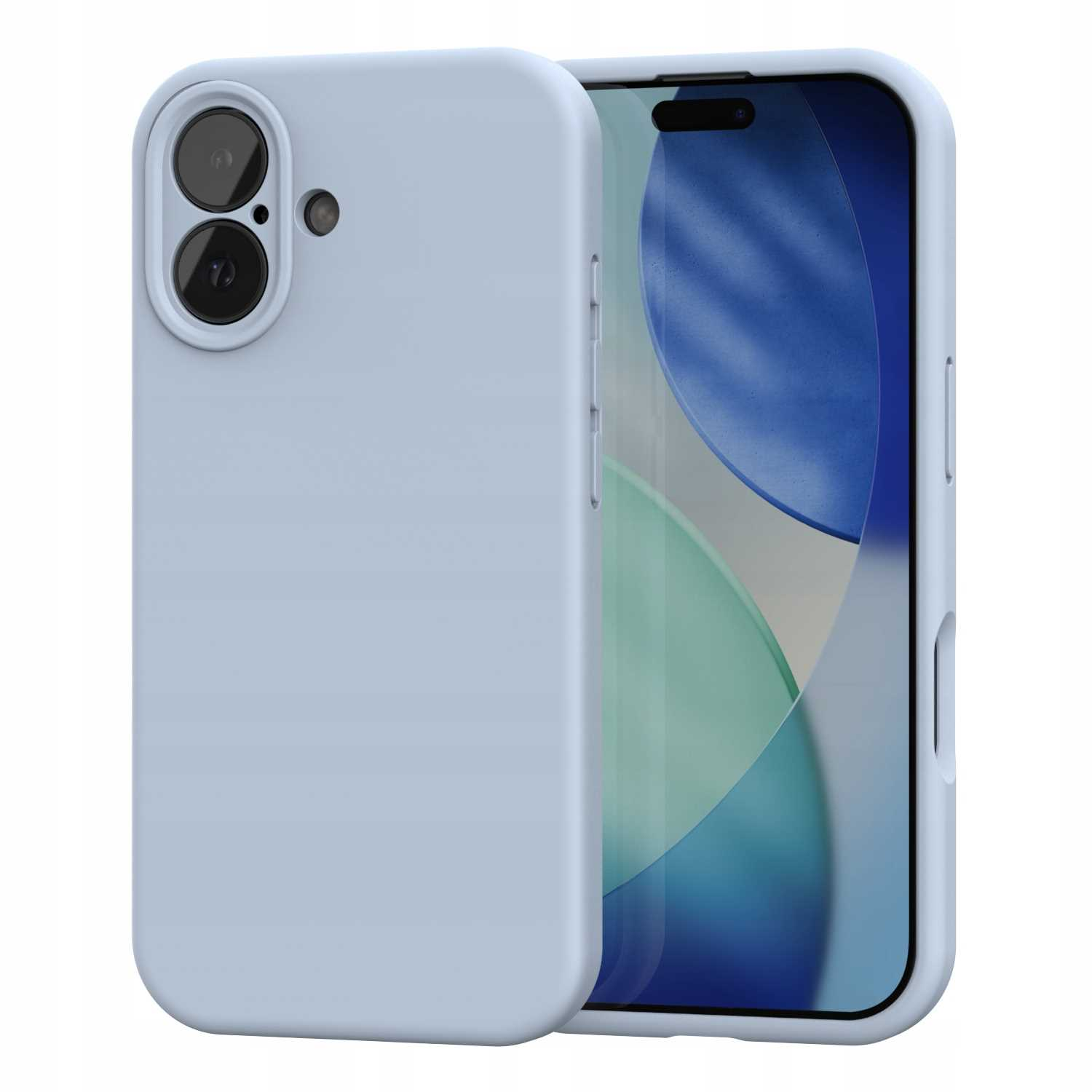 Jasnoniebieskie etui na telefon obok telefonu z niebieskim ekranem. Etui ma wycięcia na aparat. Telefon jest również widoczny.