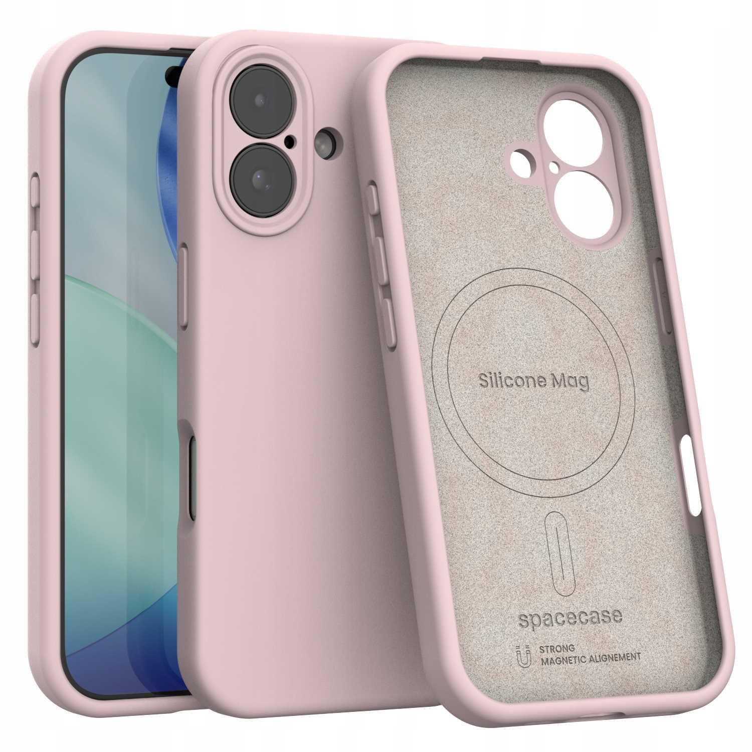 Różowe etui na telefon z telefonem w środku, pokazujące wycięcia na aparat. Wewnętrzna wyściółka jest szara i ma nadruk "Silicone Mag".