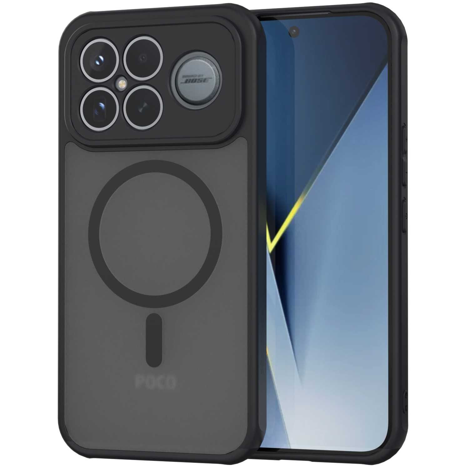 Telefon w czarnym etui. Etui ma wycięcia na aparat i okrągły wzór. Ekran pokazuje gradient.