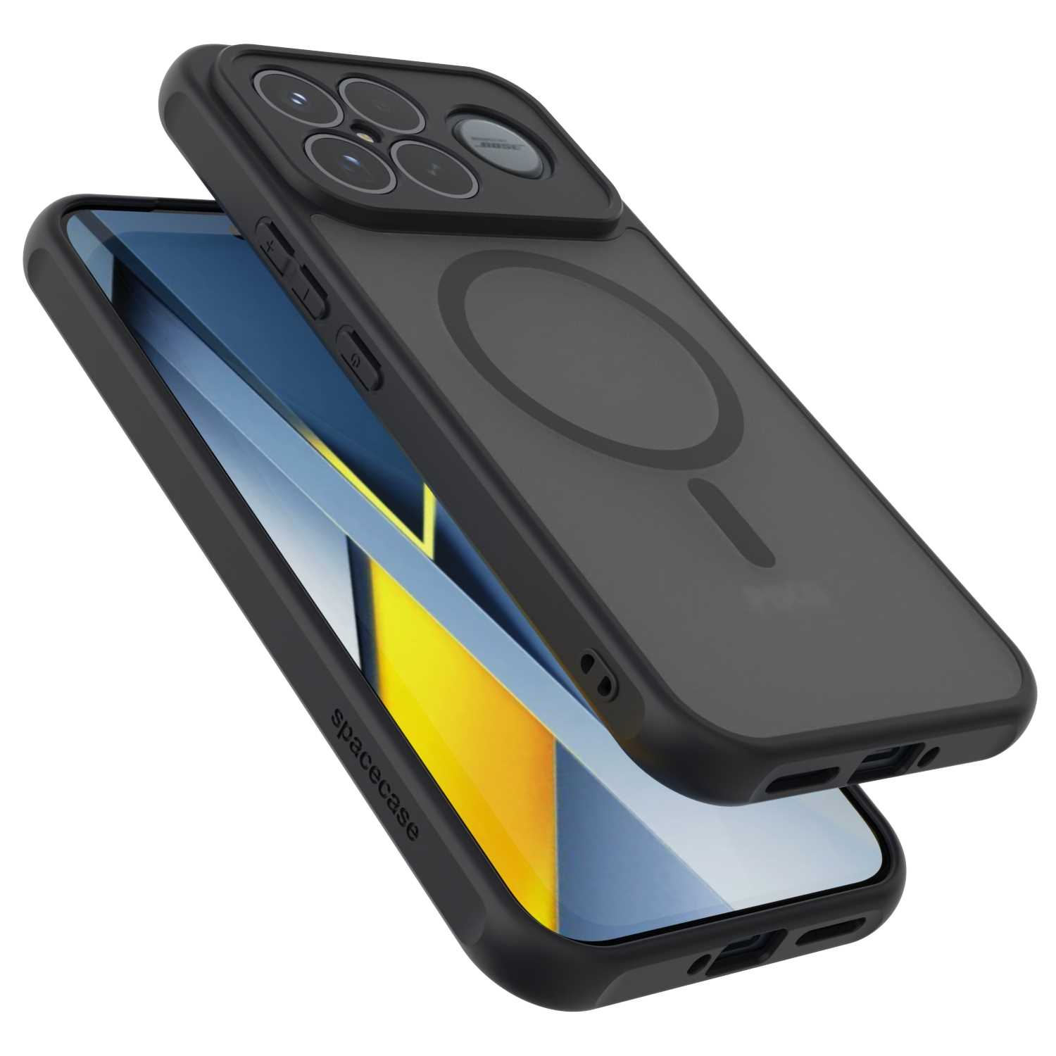 Czarne etui na telefon z telefonem w środku. Etui ma wycięcie na aparat, magnetyczne koło i nazwę marki 'spacecase'.