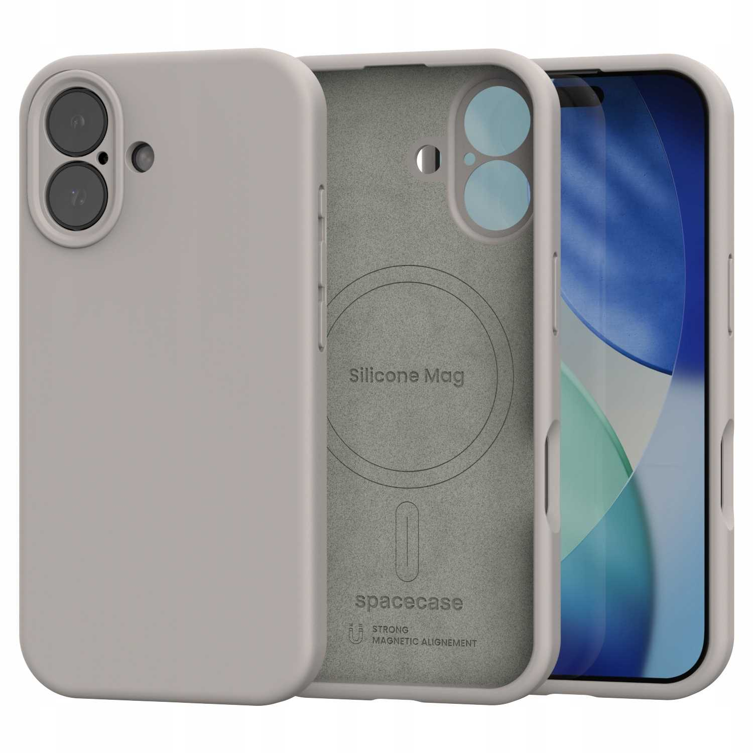 Trzyczęściowe etui na telefon, szare na zewnątrz, szare w środku z napisem 'Silicone Mag' i 'spacecase'. W środku jest telefon.