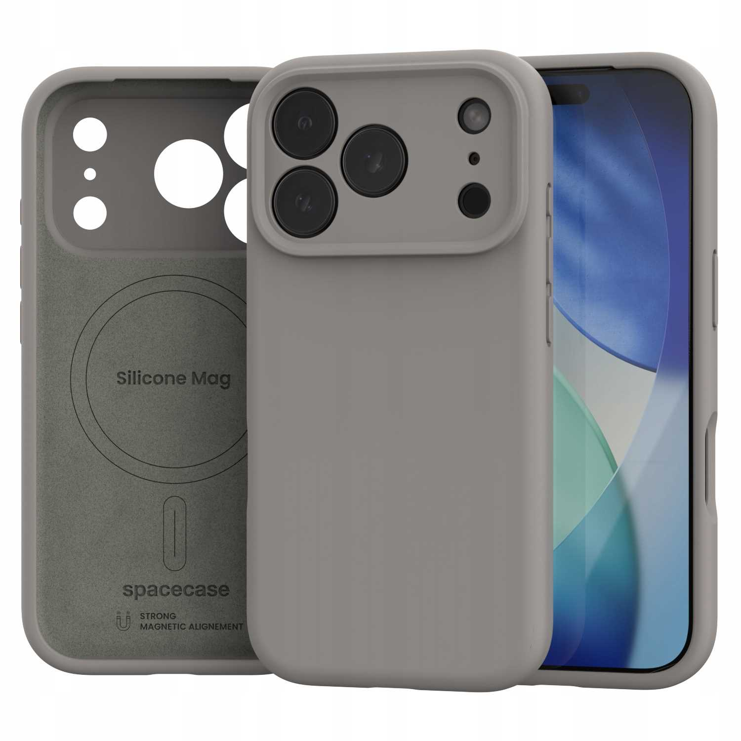 Szare etui na telefon z telefonem w środku. Etui ma otwory na aparat i przyciski. Tło pokazuje inne etui.