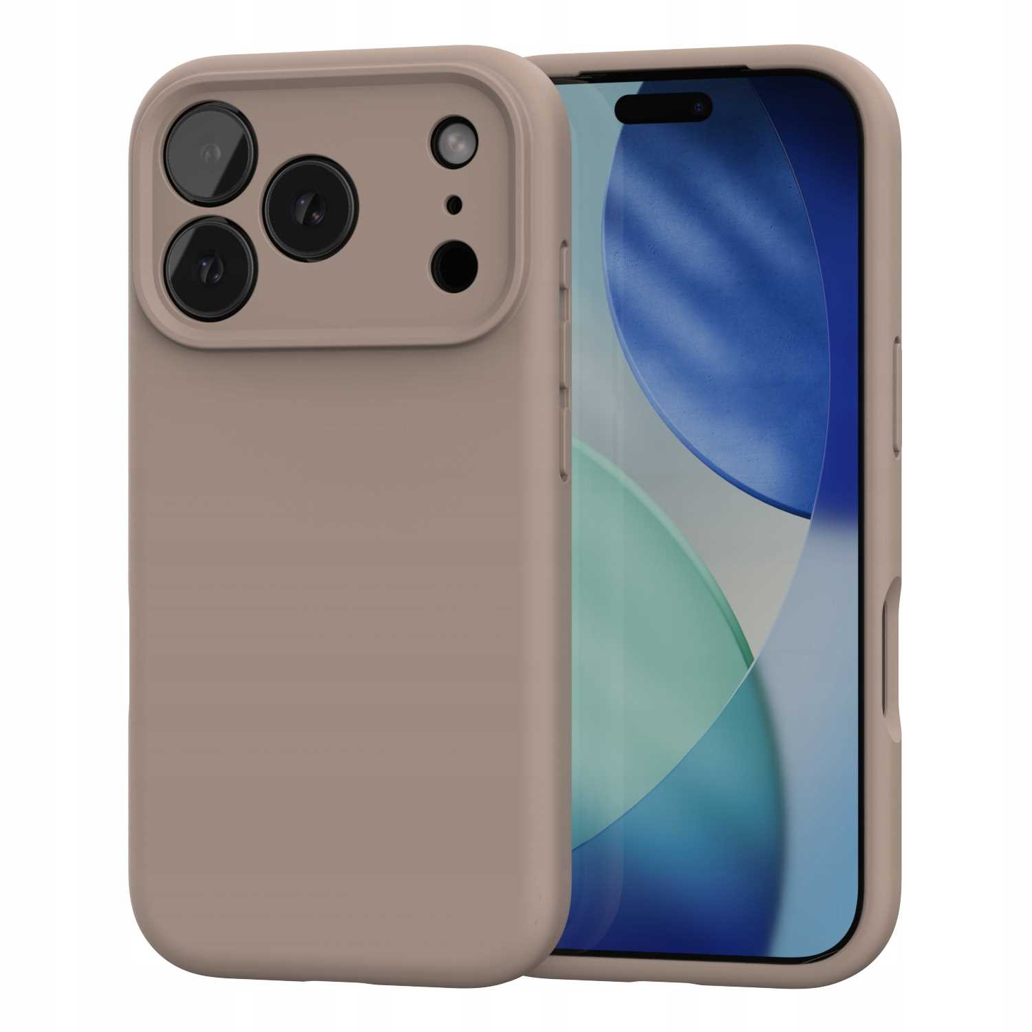 Beżowe etui na telefon obok telefonu z niebiesko-białym ekranem. Etui ma kilka wycięć na aparat.