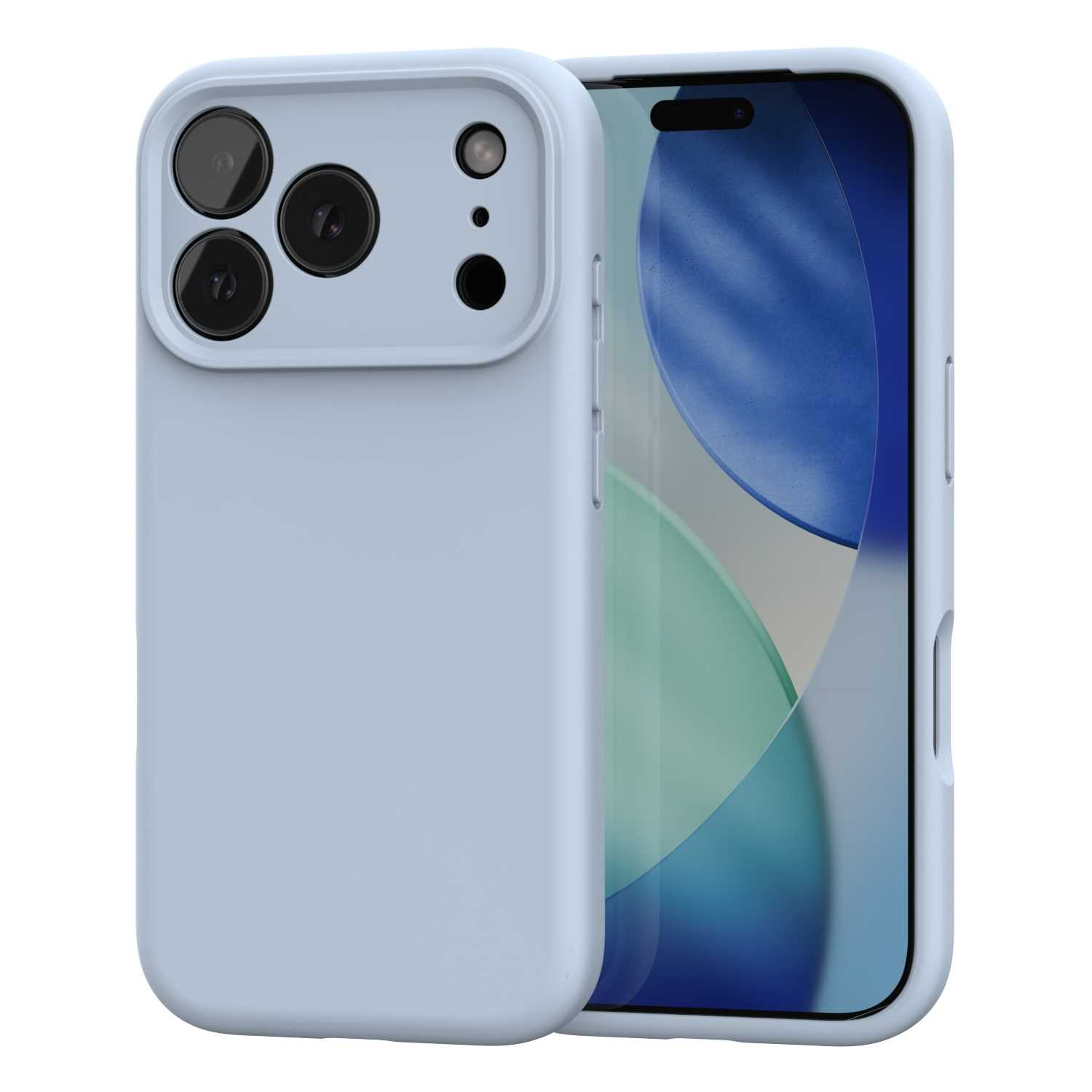 Jasnoniebieskie etui na telefon z trzema obiektywami. Ekran wyświetla niebieskie i białe kształty.