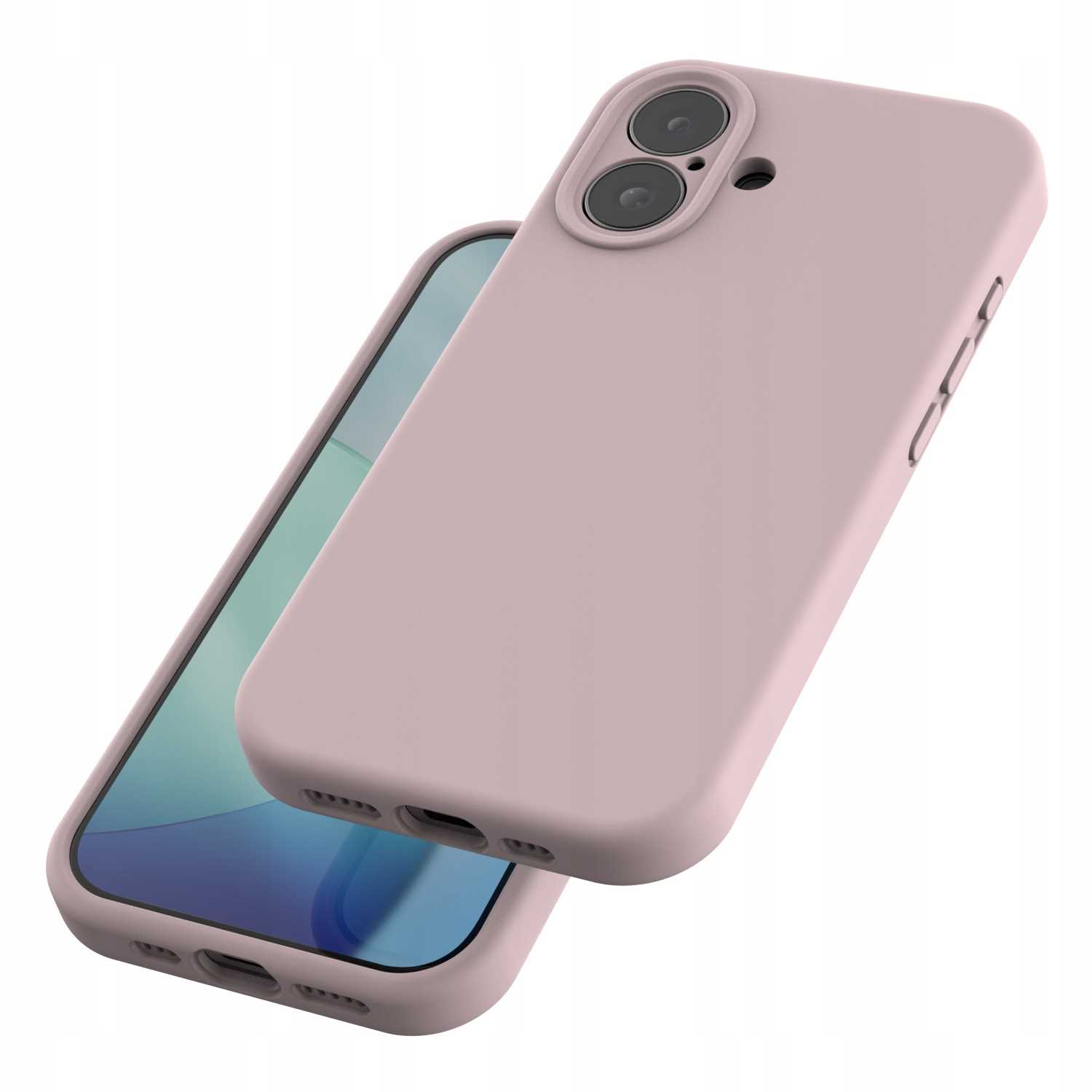 Różowa obudowa telefonu i telefon wyświetlane pod kątem. Ekran telefonu jest widoczny, obudowa ma otwory na aparat.