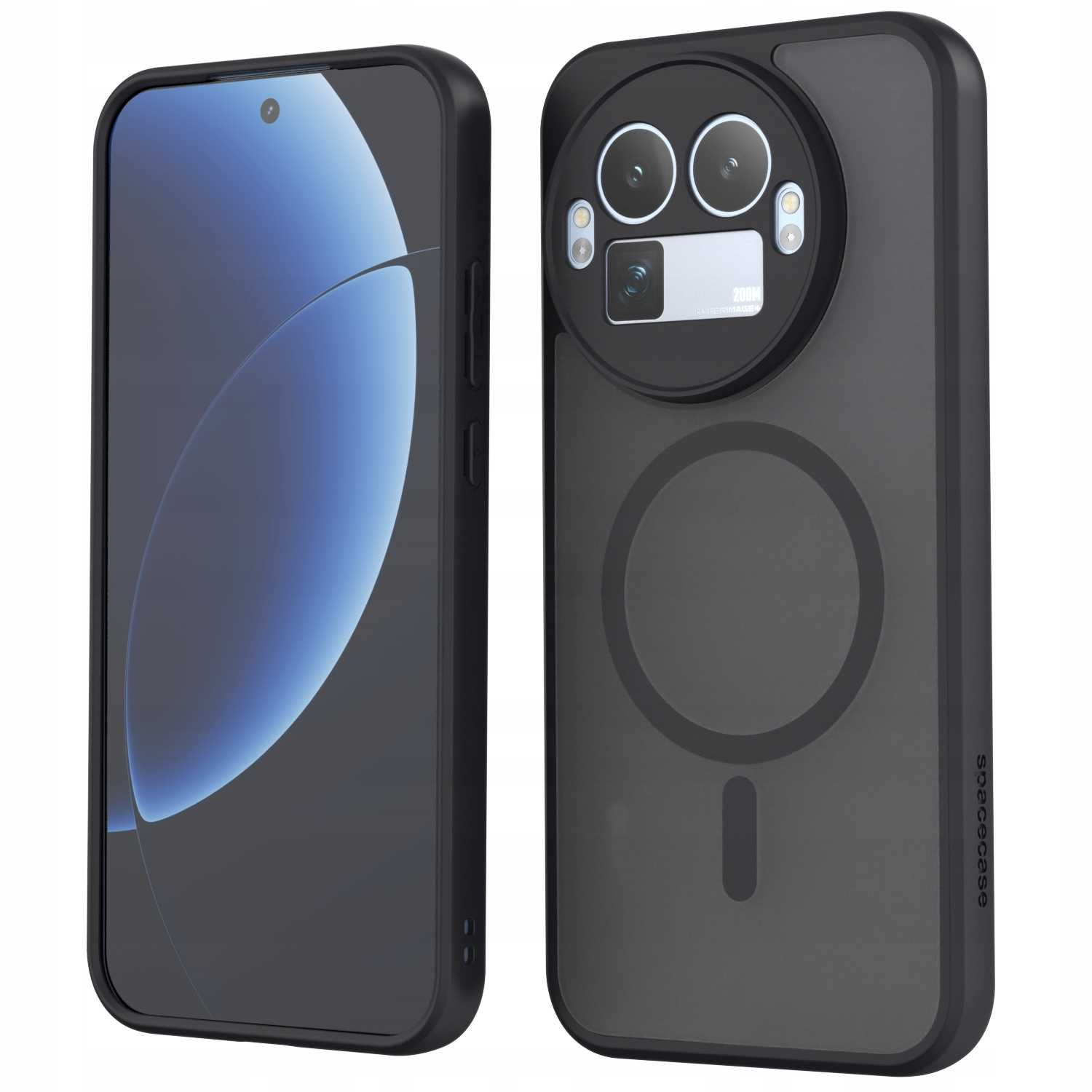 Dwa czarne etui na telefon. Jedno pokazuje ekran telefonu z niebieskim wzorem, drugie moduł aparatu.