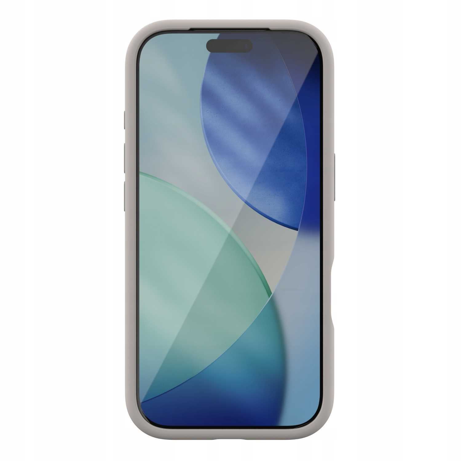 Smartfon w szarej obudowie. Ekran wyświetla abstrakcyjne niebieskie i zielone kształty. Obudowa ma wycięcia na przyciski.