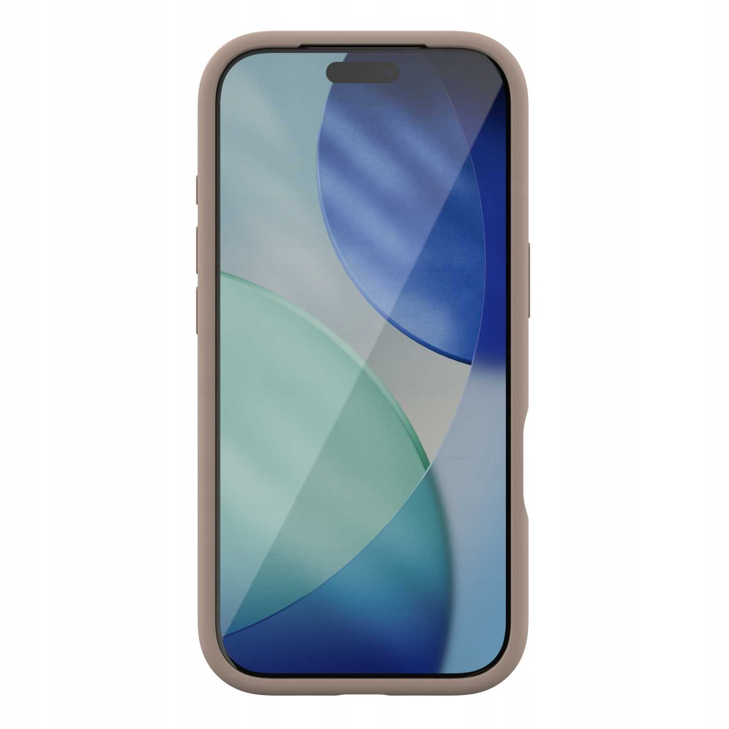 Smartfon w etui ochronnym. Ekran wyświetla niebieski i zielony abstrakcyjny wzór. Etui jest beżowe.