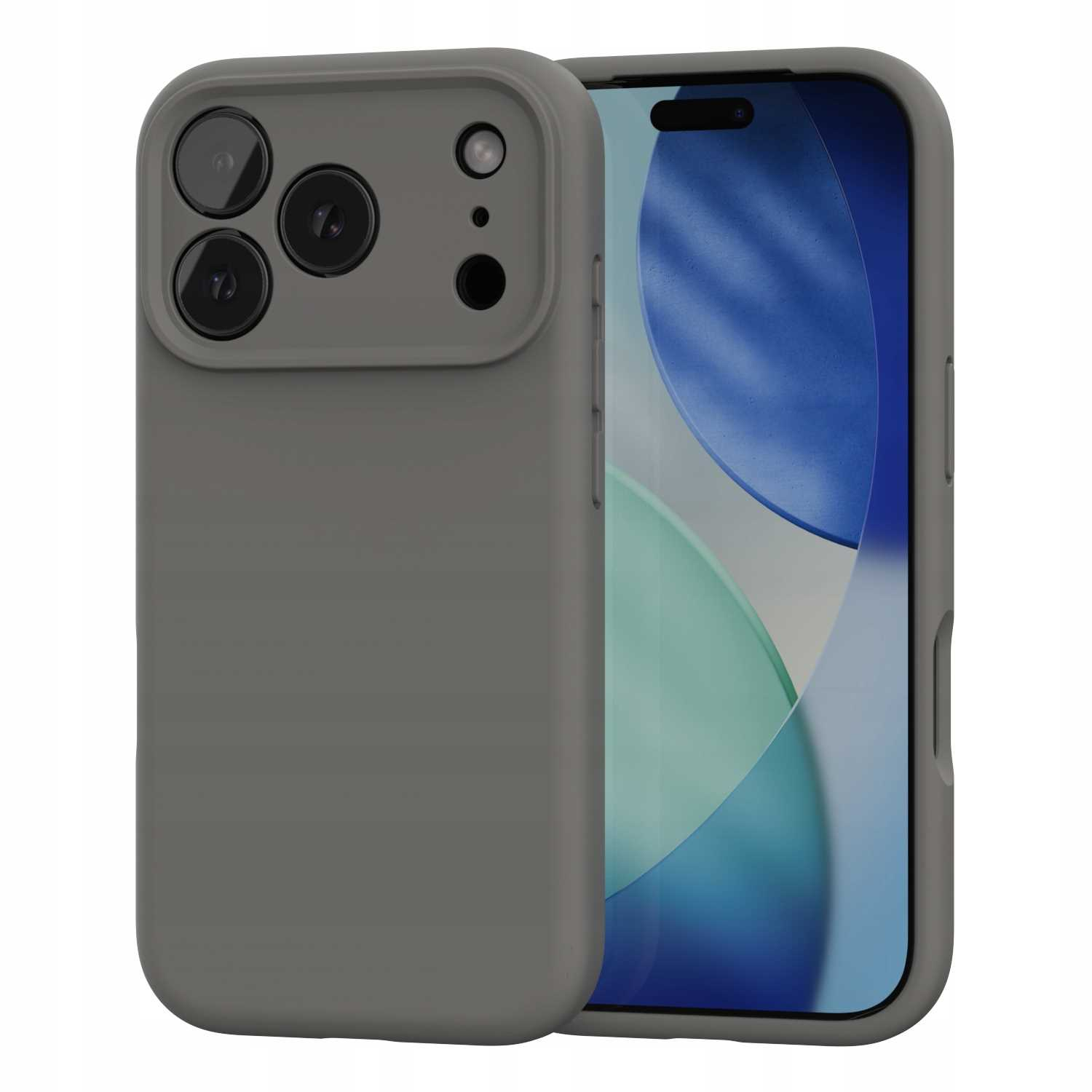 Szara obudowa telefonu z wieloma obiektywami kamery, częściowo zakrywająca telefon z niebiesko-zielonym wzorem.