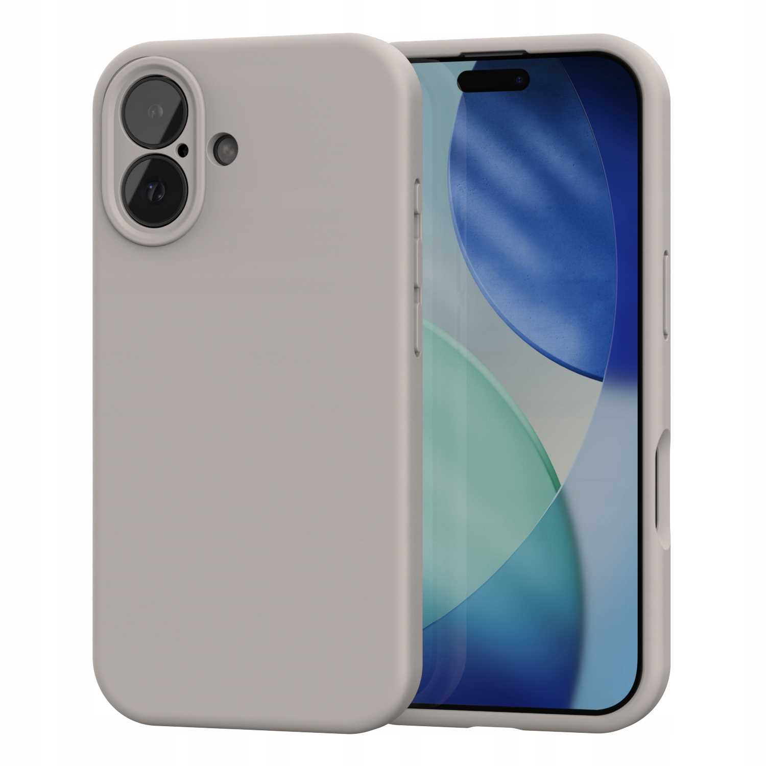 Szare etui na telefon z telefonem w środku. Etui ma wycięcia na aparat. Ekran telefonu pokazuje niebiesko-białe tło.