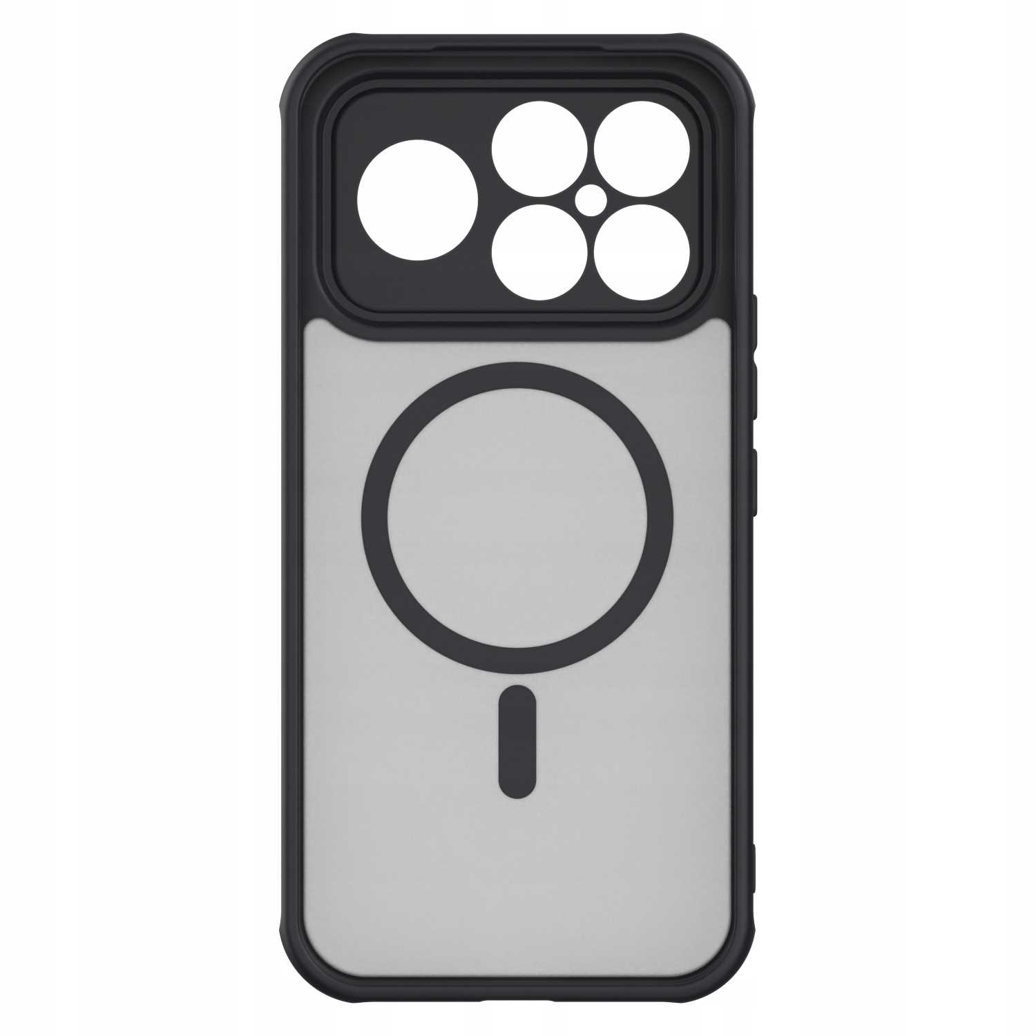 Etui na telefon, czarna ramka z przezroczystym tyłem. Ma wycięcia na aparat, okrąg i kreskę. Do telefonów.