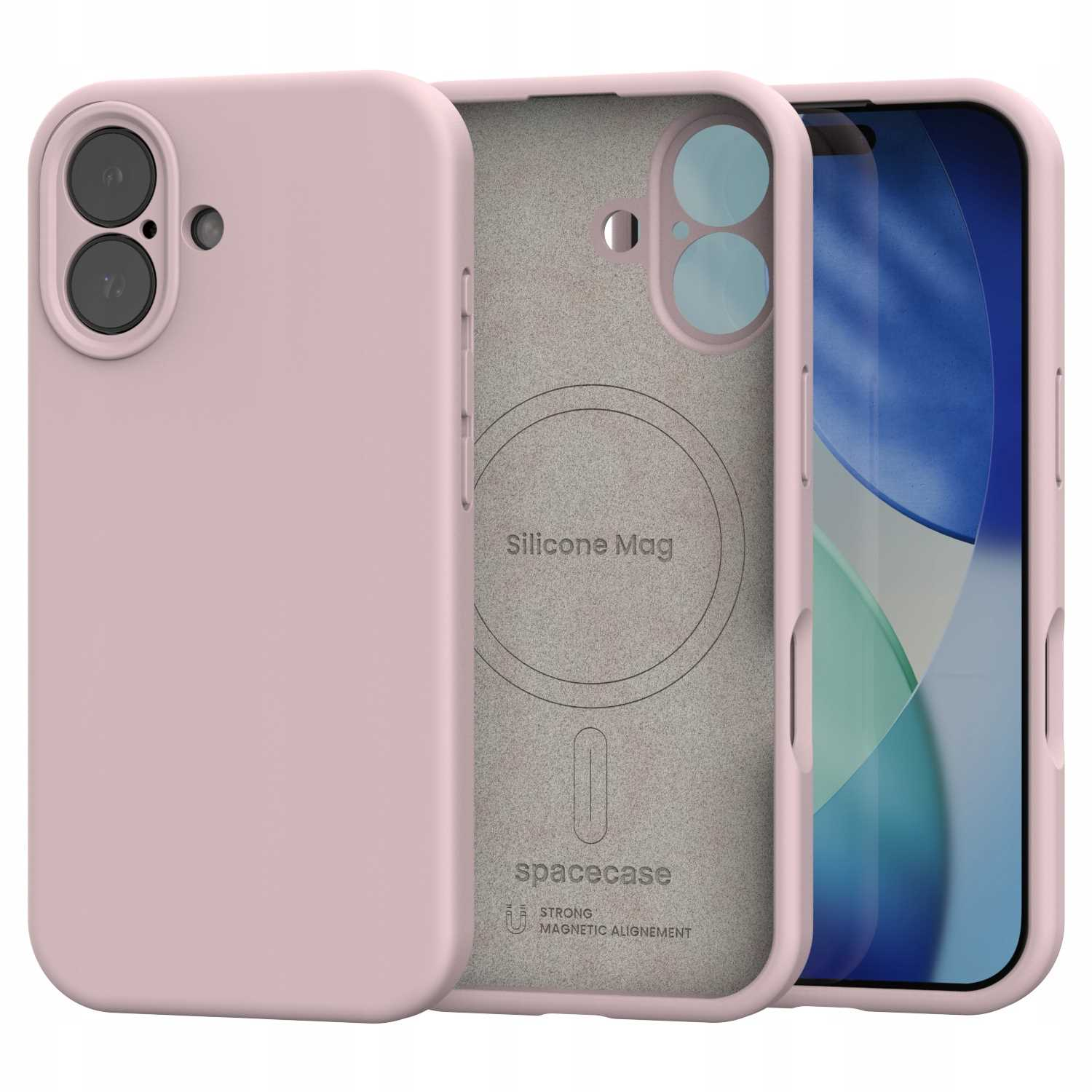 Różowe etui na telefon z dwoma aparatami, szare wnętrze z markami 'Silicone Mag' i 'spacecase' oraz ekran telefonu.