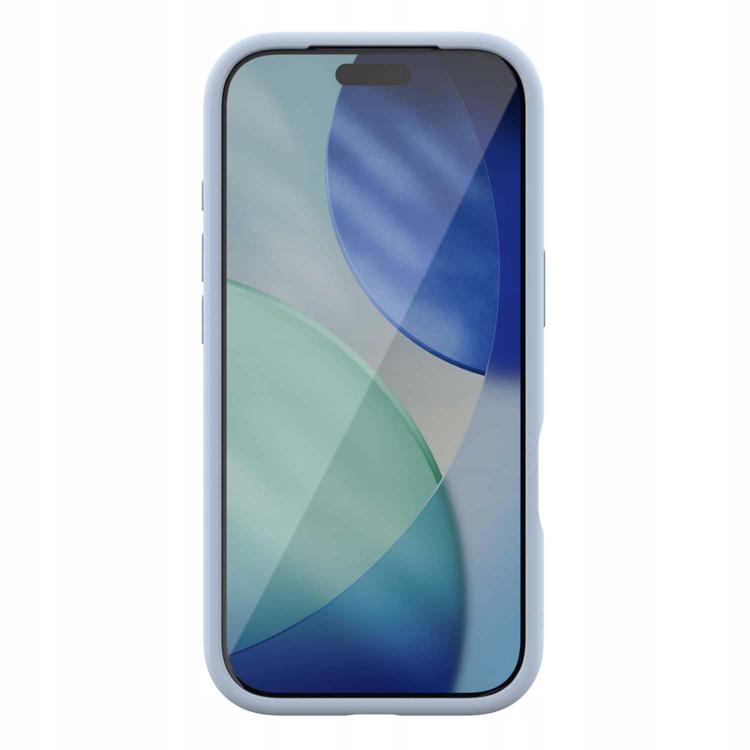 Smartfon w jasnoniebieskim etui. Ekran wyświetla abstrakcyjne niebieskie i zielone kształty. Etui ma detale przycisków z boku.