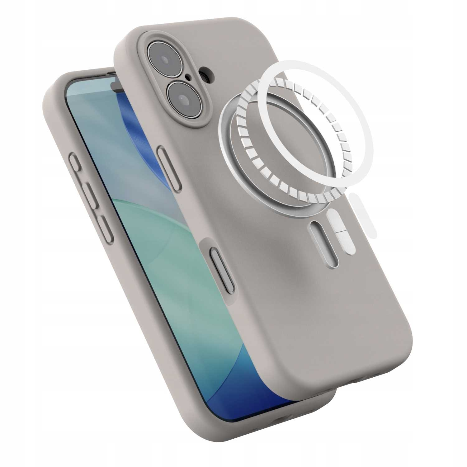 Szare etui na telefon z telefonem w środku. Etui ma pierścieniowaty element mocujący i jest lekko otwarte.