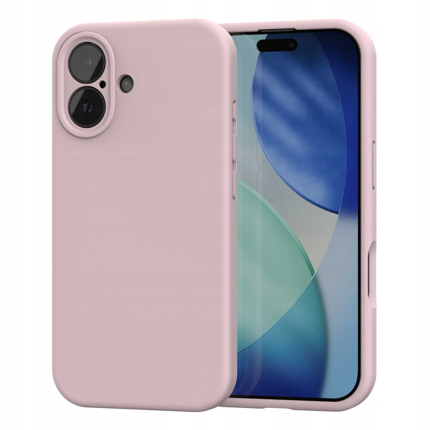 Różowe etui na telefon z telefonem w środku. Etui ma wycięcia na aparat i gładką powierzchnię. Ekran telefonu jest widoczny.