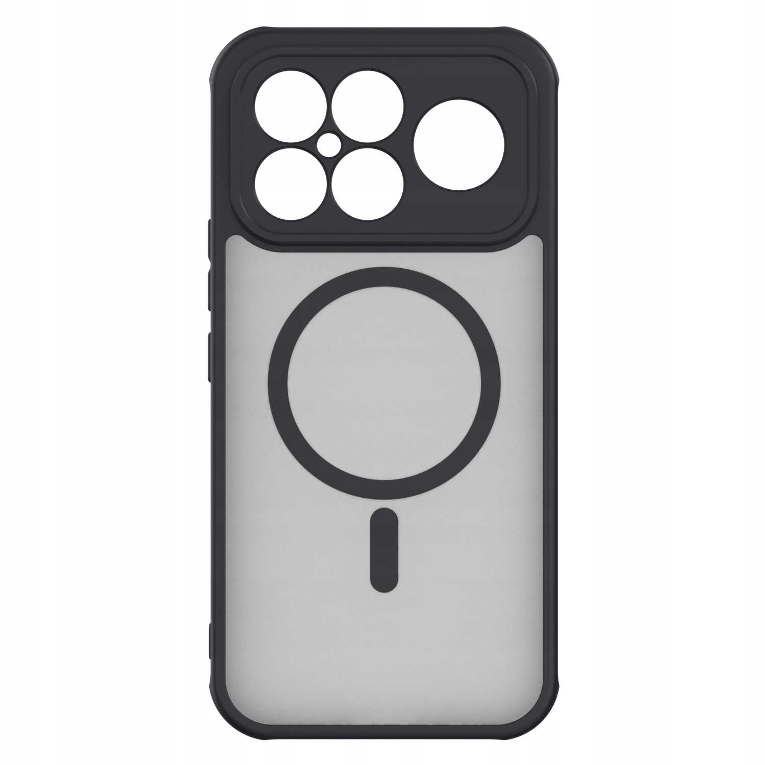 Czarne etui na telefon z wycięciami na aparat i okrągłym magnetycznym obszarem ładowania. Etui jest przezroczyste z czarną obwódką.