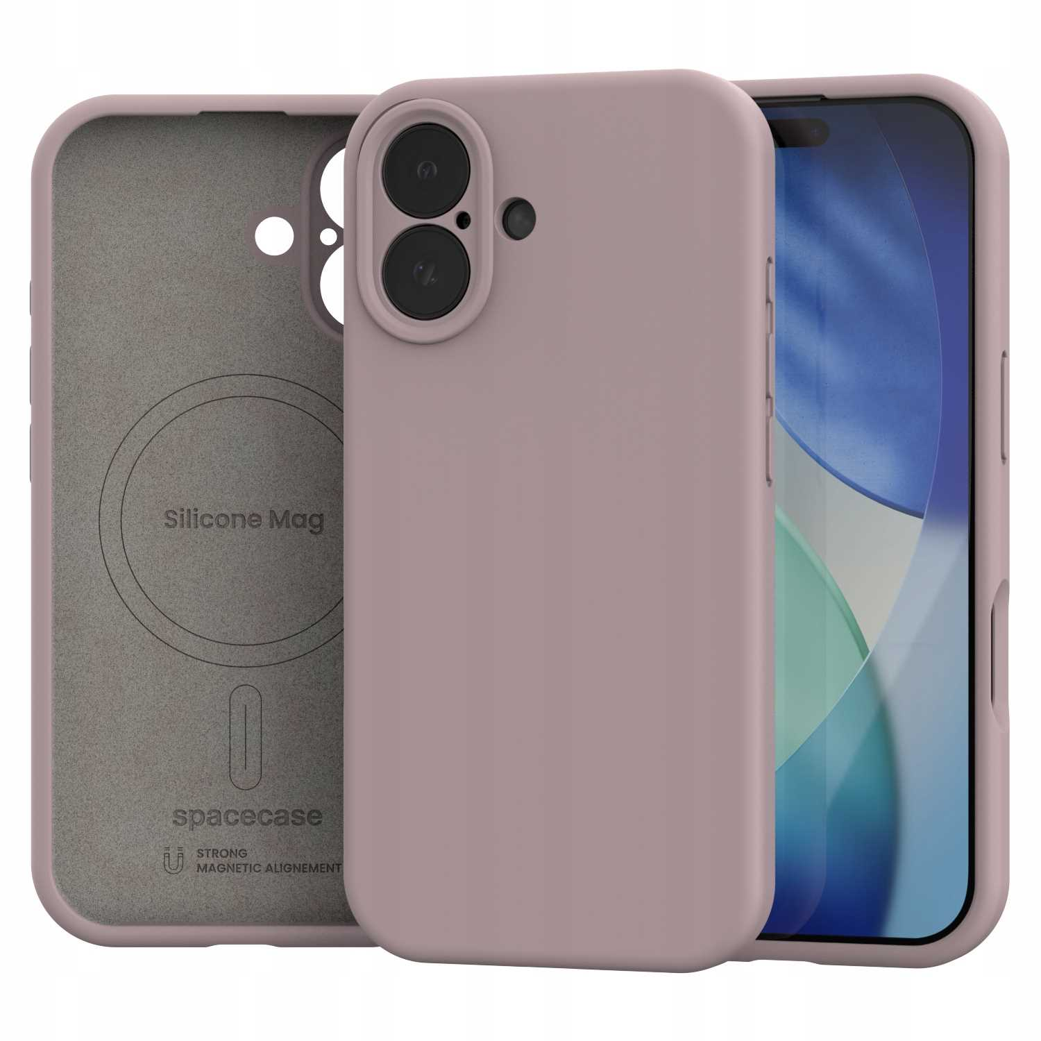 Mauve etui na telefon z dwoma otworami na aparat, obok telefonu. Wnętrze etui pokazuje markę 'Silicone Mag' i 'spacecase'.