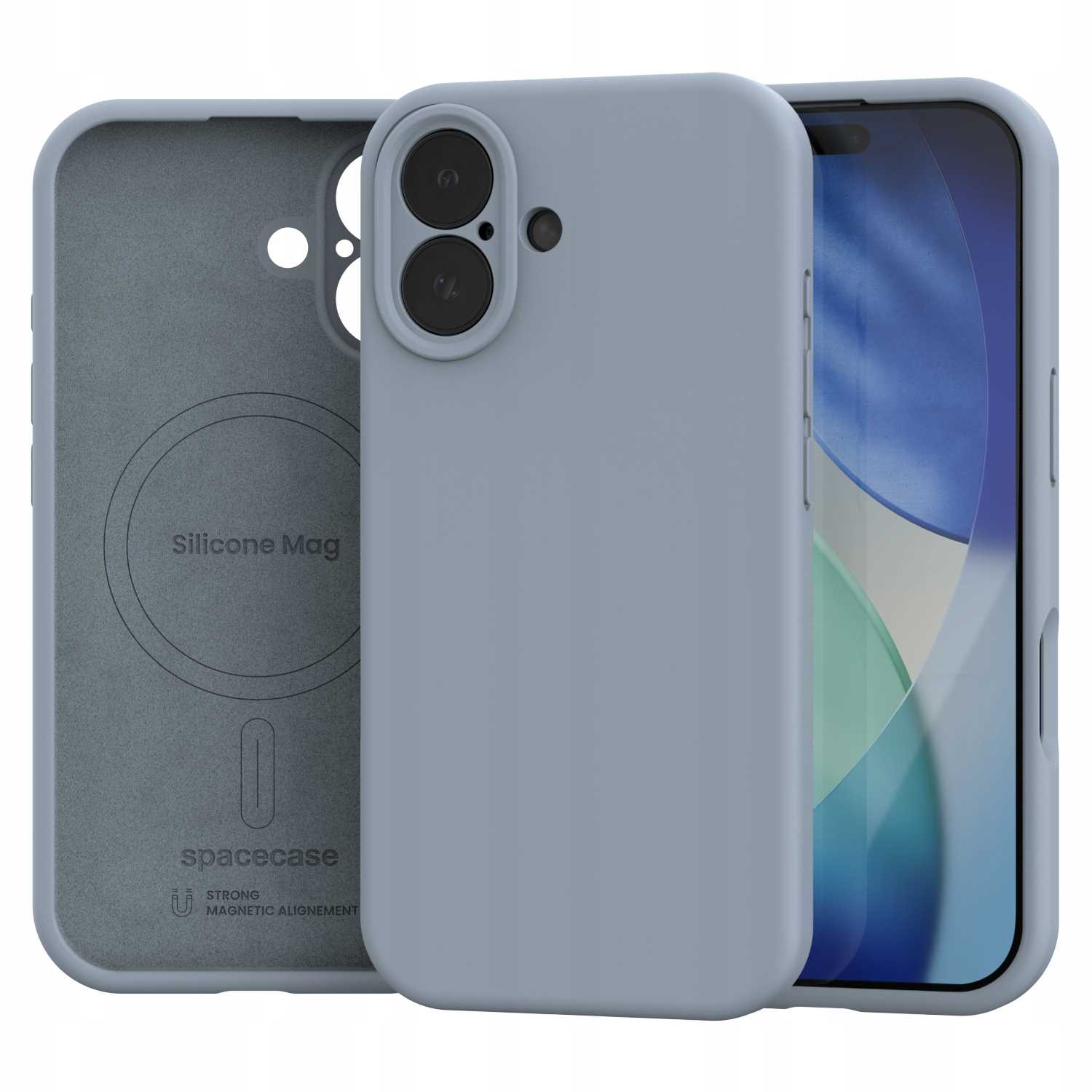 Telefon w niebieskim etui. Etui jest otwarte, ukazując tył telefonu i wnętrze etui.