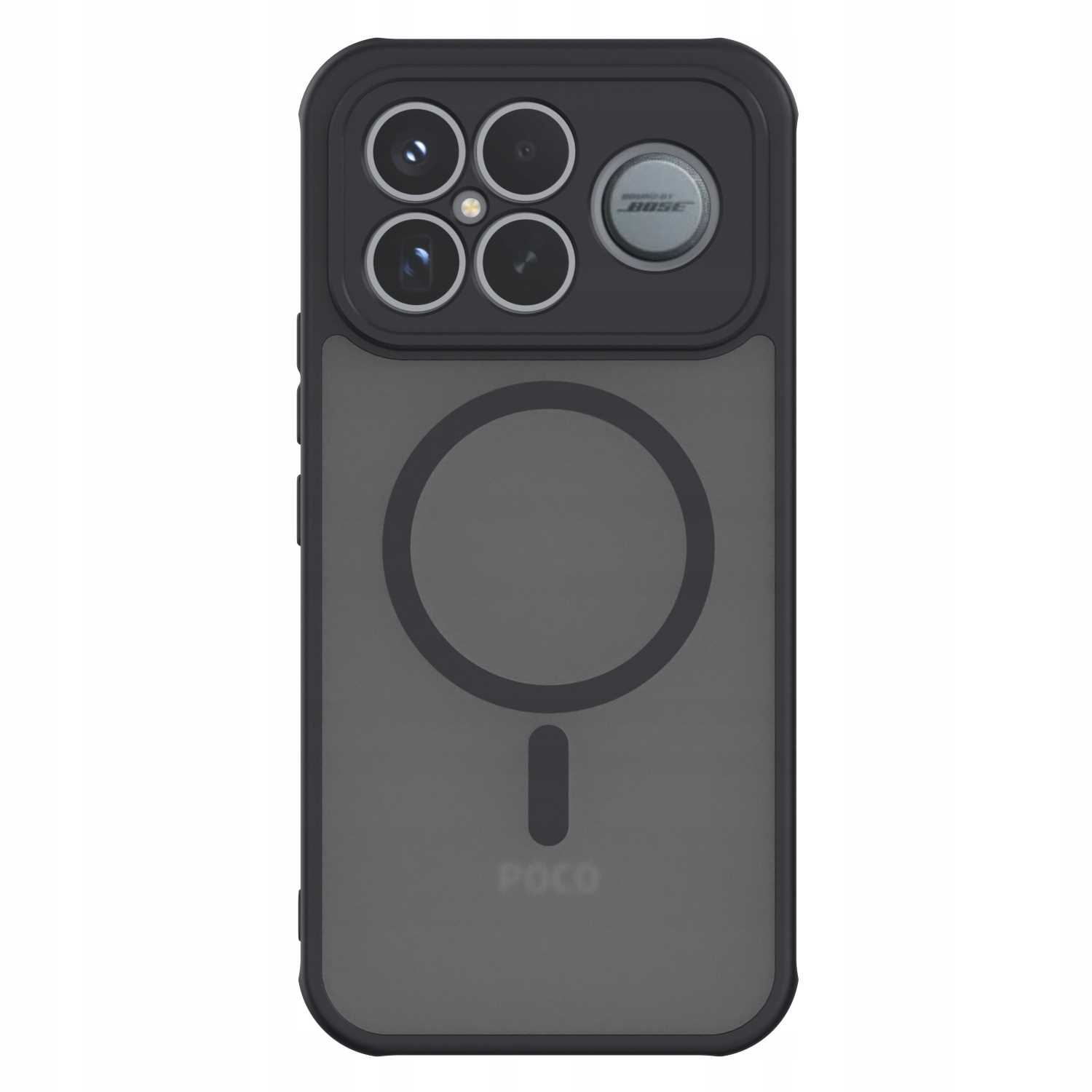 Czarne etui na telefon Poco. Zawiera wycięcia na aparat, duże koło, małą linię i słowo POCO. Szary kolor.