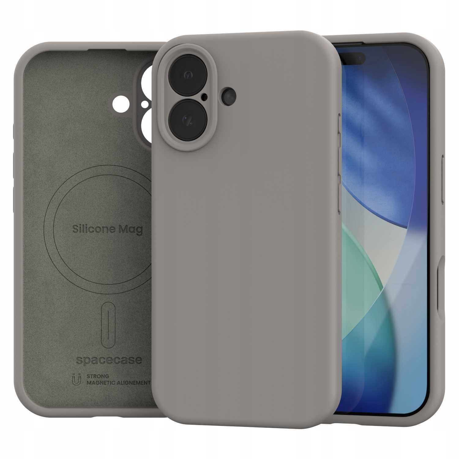 Szare etui na telefon z telefonem. Etui jest otwarte, ukazując wnętrze i ekran telefonu.