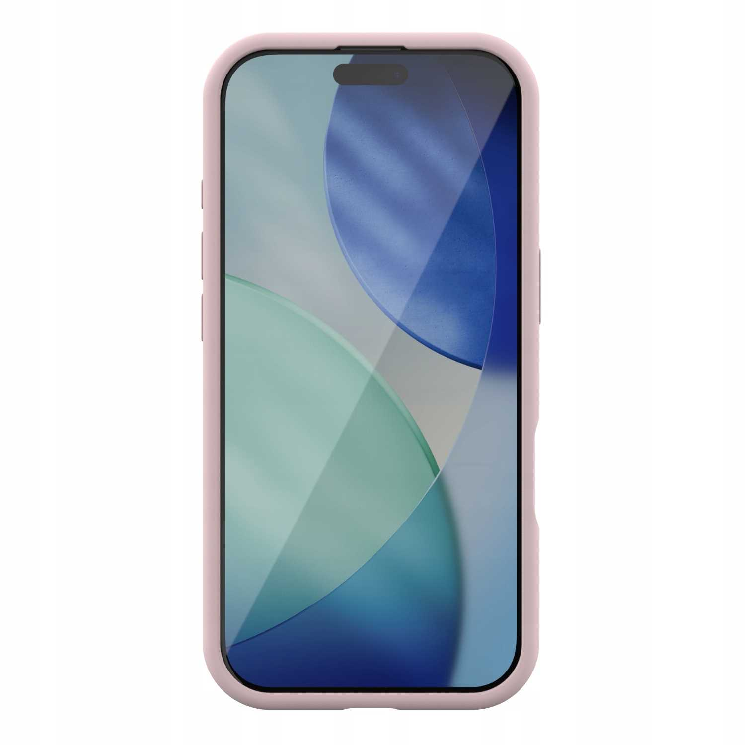 Smartfon w różowym etui. Ekran wyświetla niebiesko-zielony abstrakcyjny wzór. Tło jest białe.