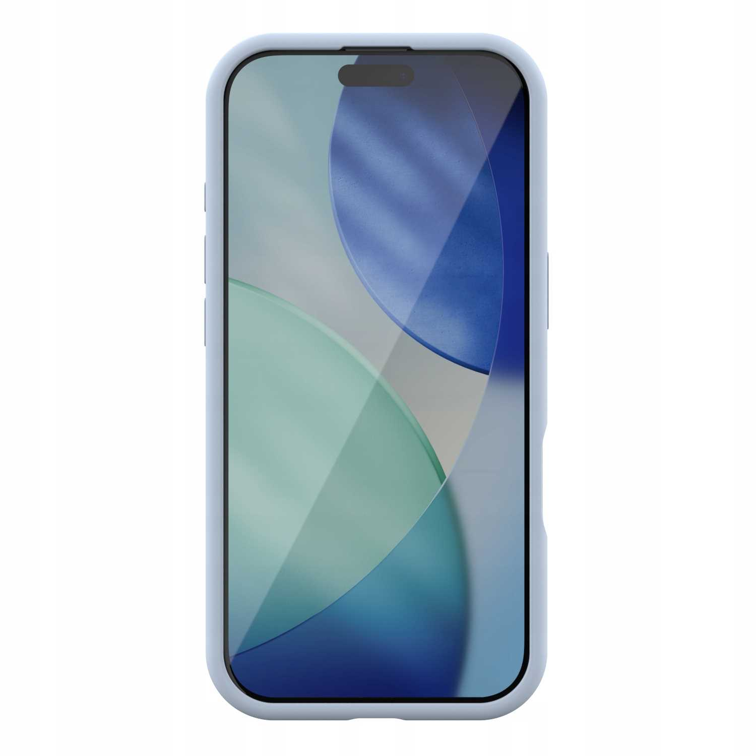 Smartfon w jasnoniebieskim etui. Ekran wyświetla niebieski i zielony abstrakcyjny wzór. Telefon jest wyśrodkowany na białym tle.