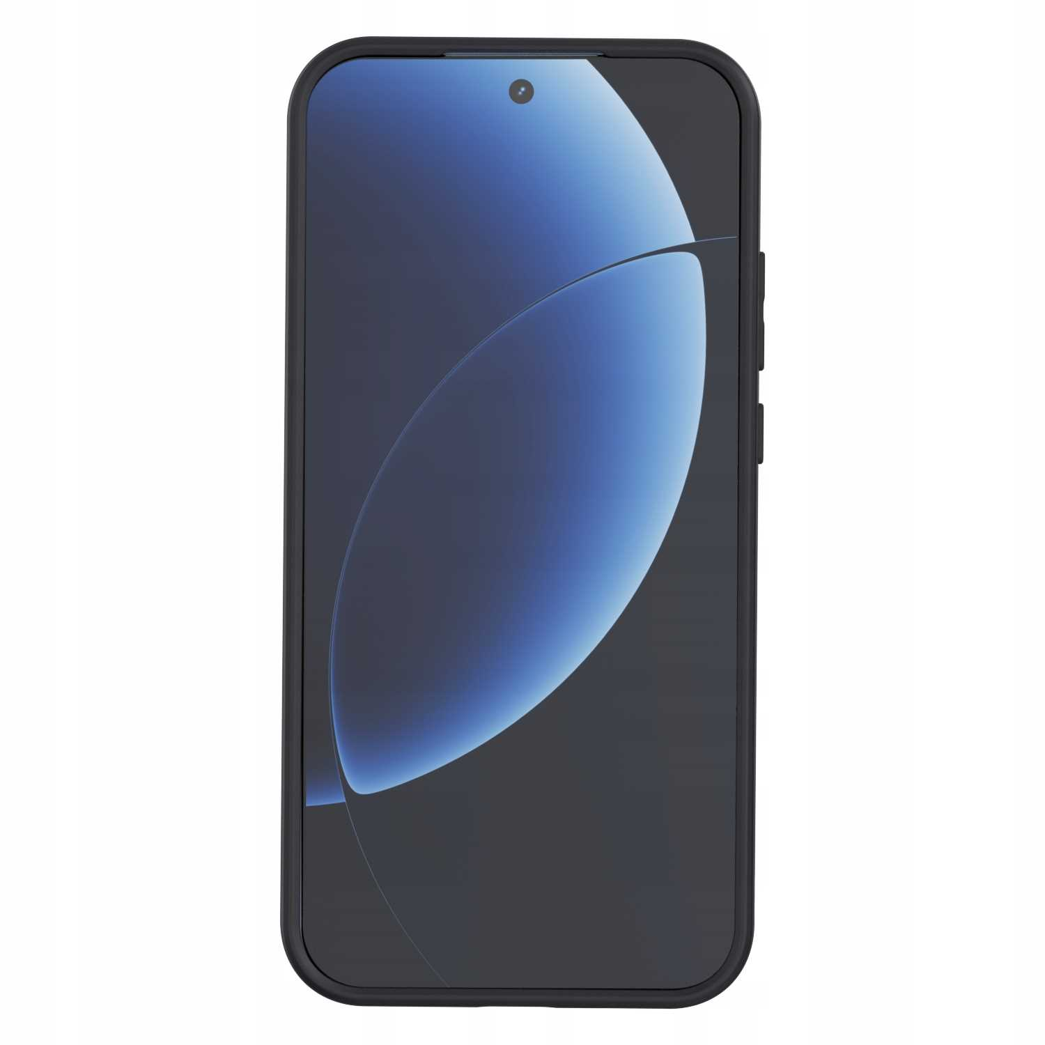 Smartfon z czarną ramką. Ekran wyświetla niebiesko-biały abstrakcyjny wzór z aparatem z dziurką.
