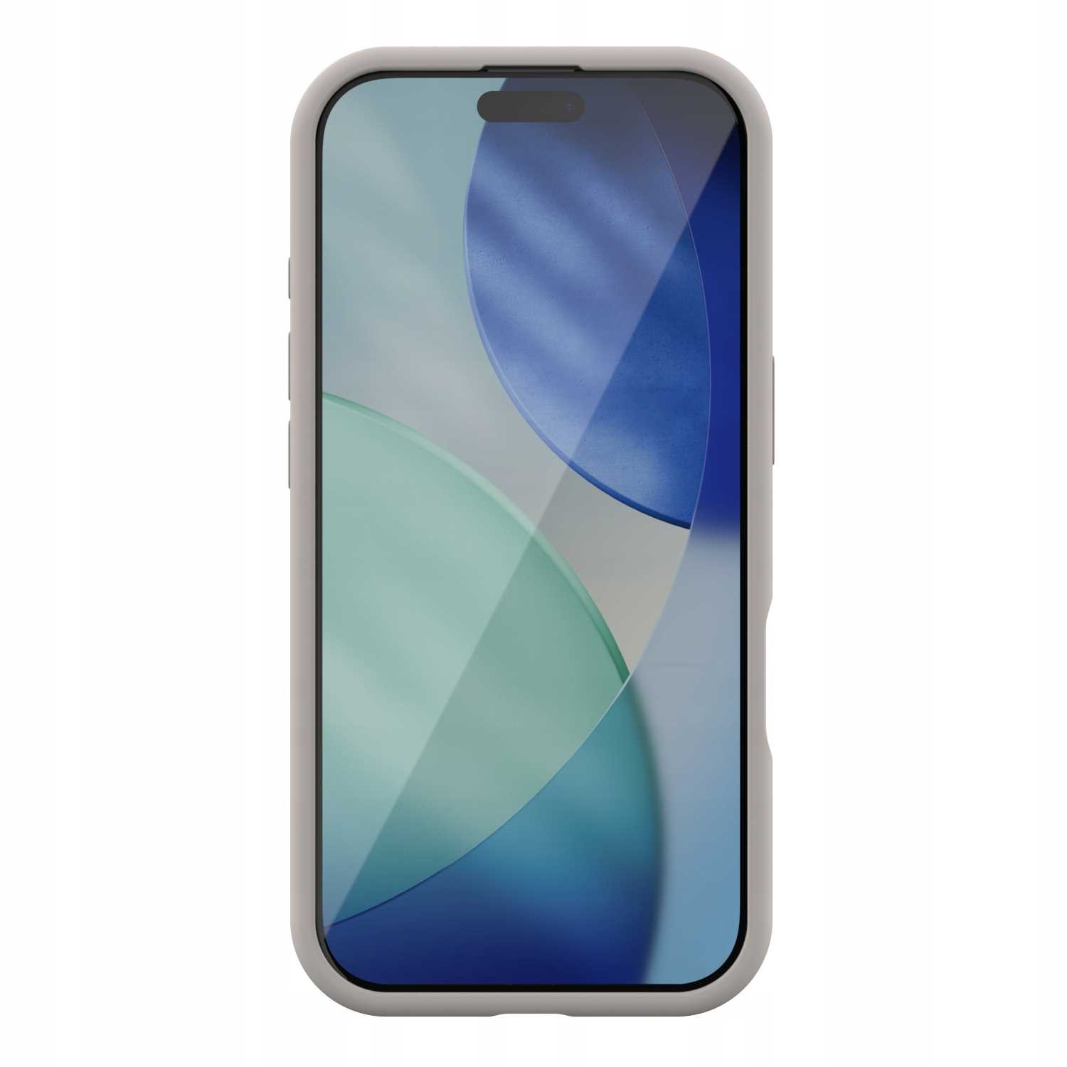 Smartfon w szarej obudowie. Ekran wyświetla abstrakcyjne niebieskie i zielone kształty. Obudowa ma wycięcia na przyciski.