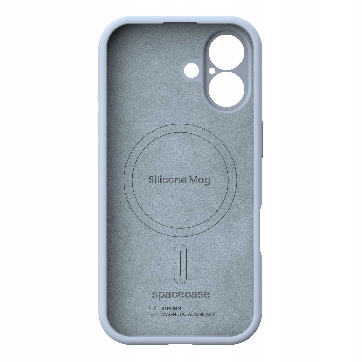 Jasnoniebieskie etui na telefon. Wewnątrz szara powierzchnia z nadrukami 'Silicone Mag' i 'spacecase'. Na dole: symbol wyrównania magnetycznego.