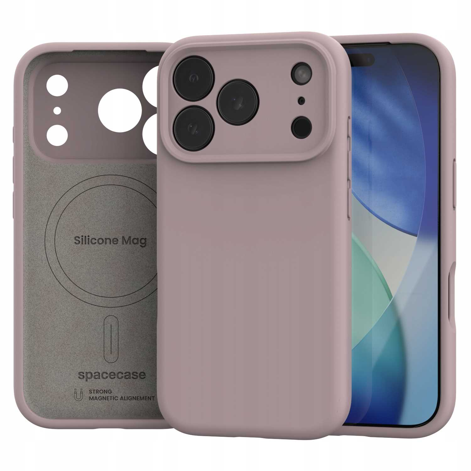 Zestaw etui na telefon, pokazujący telefon z ekranem i dwa etui ochronne. Jedno etui jest otwarte, ukazując szare wnętrze z tekstem.