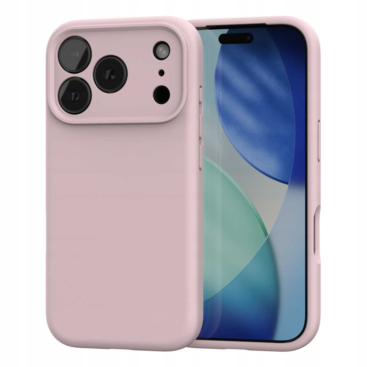 Różowe etui na telefon jest na telefonie. Etui ma wycięcia na aparat. Ekran telefonu pokazuje niebiesko-biały wzór.