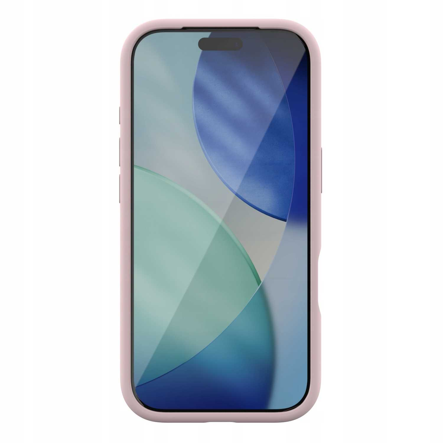 Smartfon w różowym etui na białym tle. Ekran wyświetla kolorowy, abstrakcyjny wzór.