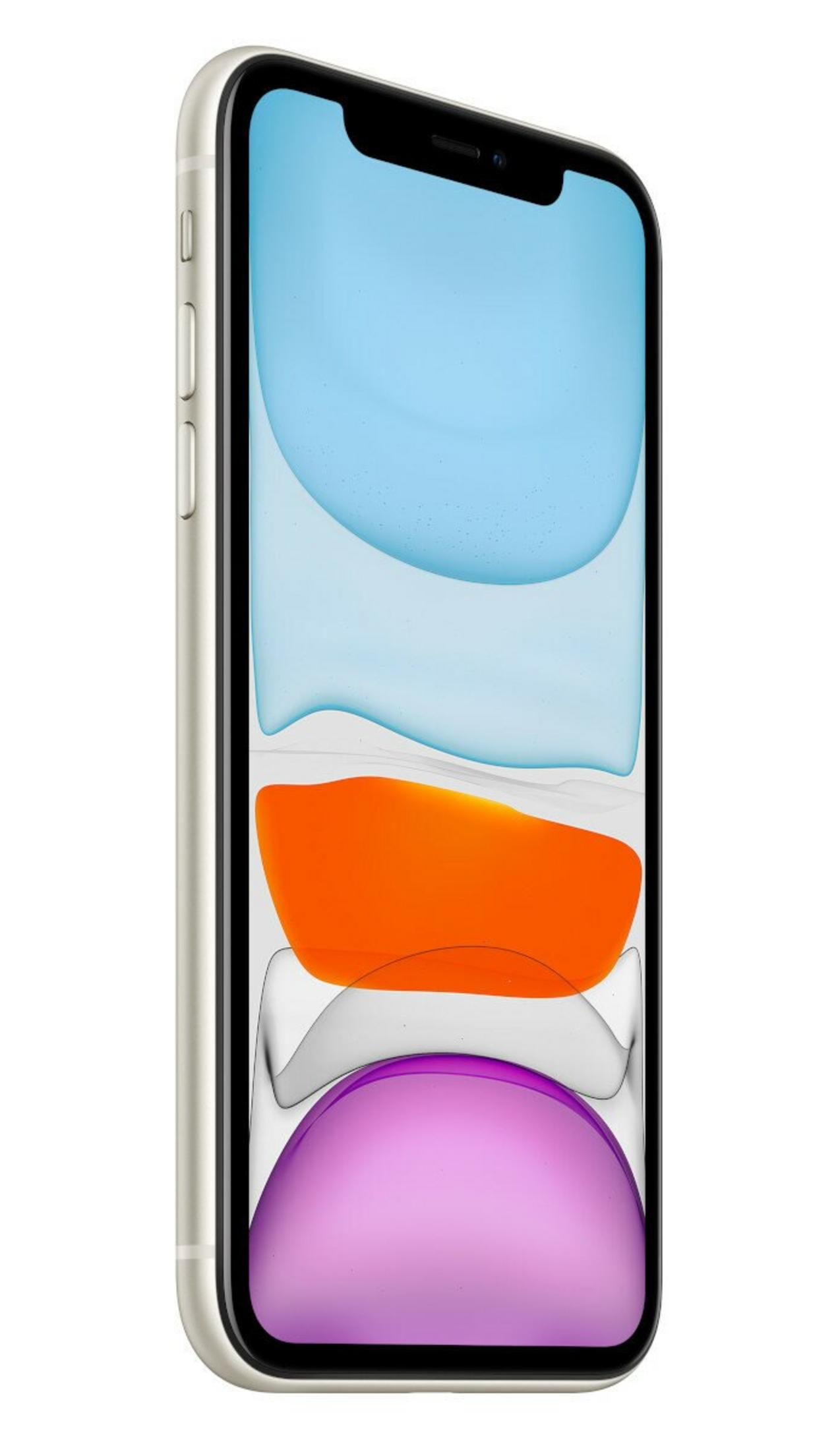 Srebrny iPhone 11, widok pod kątem, ekran pokazuje abstrakcyjne kolory: niebieski, pomarańczowy, biały i fioletowy. Telefon jest odizolowany na białym tle.