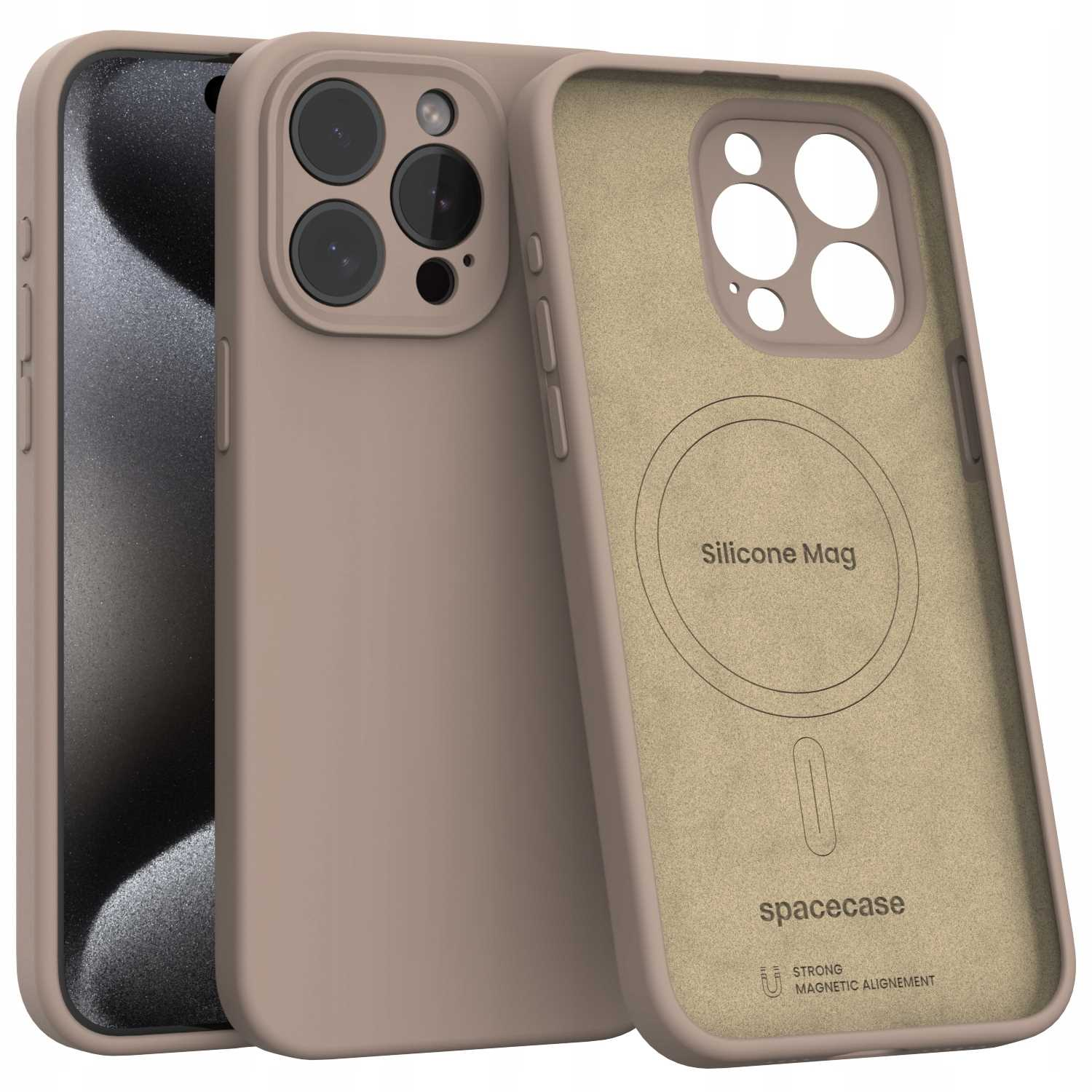 Pokazano trzy beżowe etui na telefony. Jedno ma telefon w środku. Wewnętrzna obudowa pokazuje 'silicone mag' i 'spacecase'.