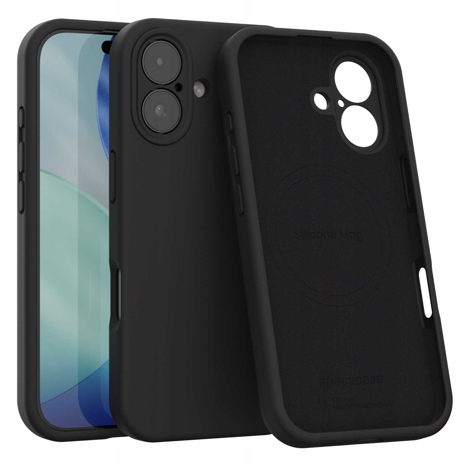 Czarny futerał na telefon z telefonem w środku. Etui jest otwarte, pokazując wnętrze i design. Telefon ma zielony ekran.