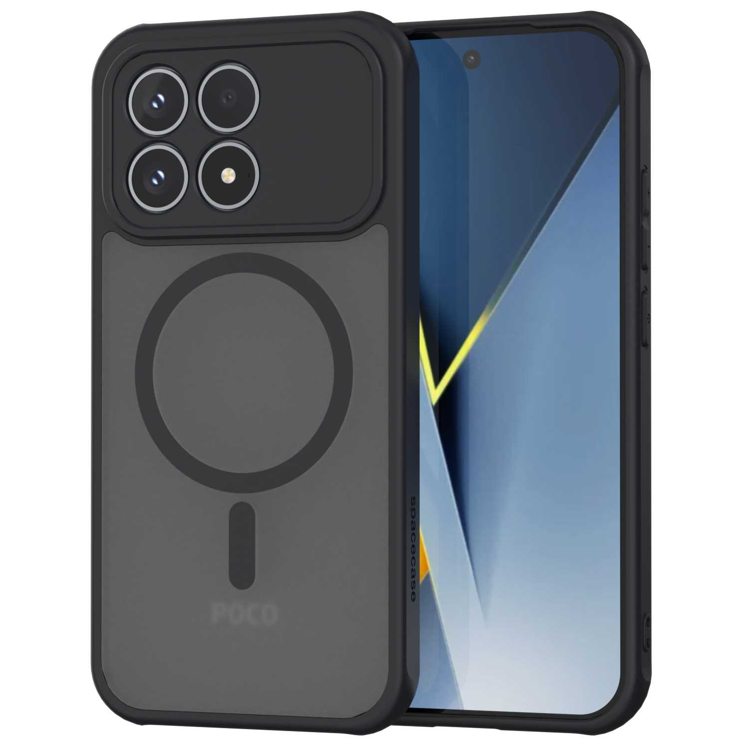 Czarne etui na telefon z wycięciami na aparat i okrągłym wzorem. Po prawej stronie widoczny jest ekran telefonu. Widoczne jest logo „POCO”.