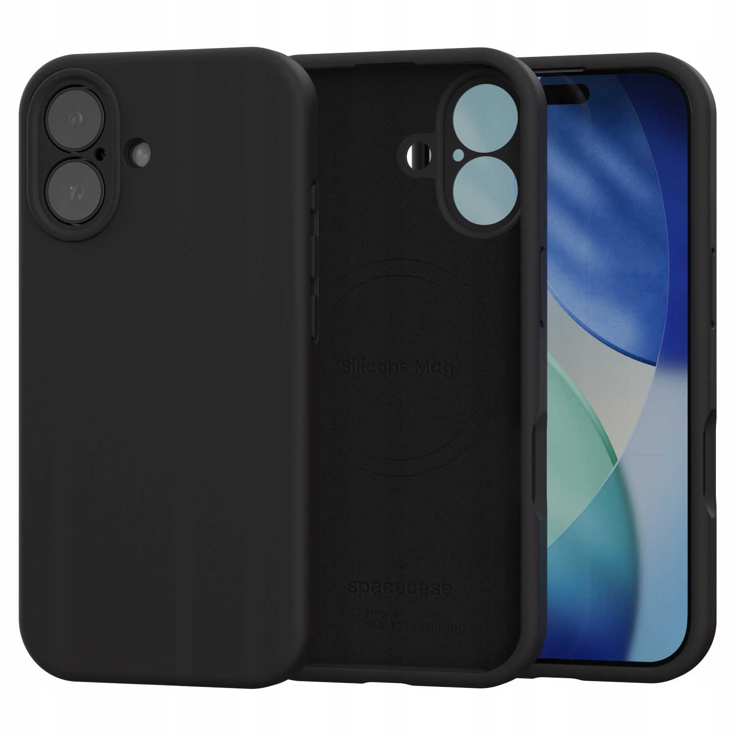 Trzy czarne etui na telefony: jedno pełne, jedno z telefonem i jedno puste. Ekran jest niebieski.