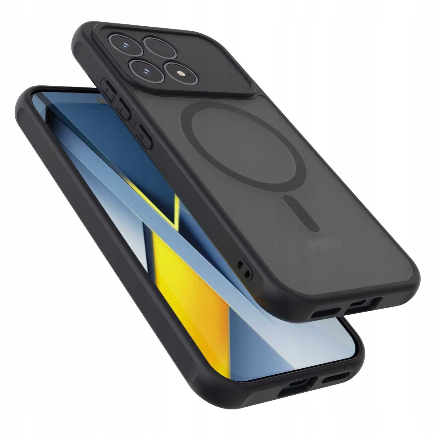 Dwa czarne etui na telefon, jedno nad drugim. Górne etui ma otwory na aparat. Dolne etui pokazuje ekran w kolorze niebieskim i żółtym.