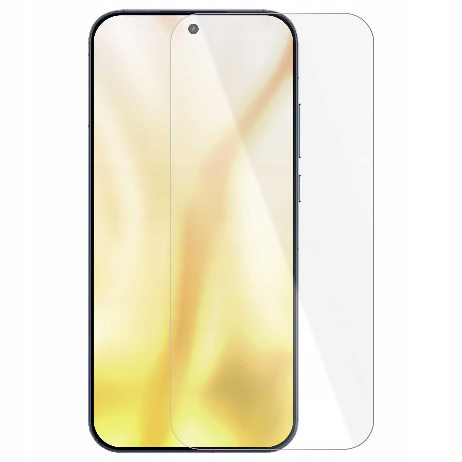 Smartfon z ochraniaczem ekranu. Telefon jest czarny z zaokrąglonym ekranem. Ochraniacz jest przezroczysty i lekko przesunięty.