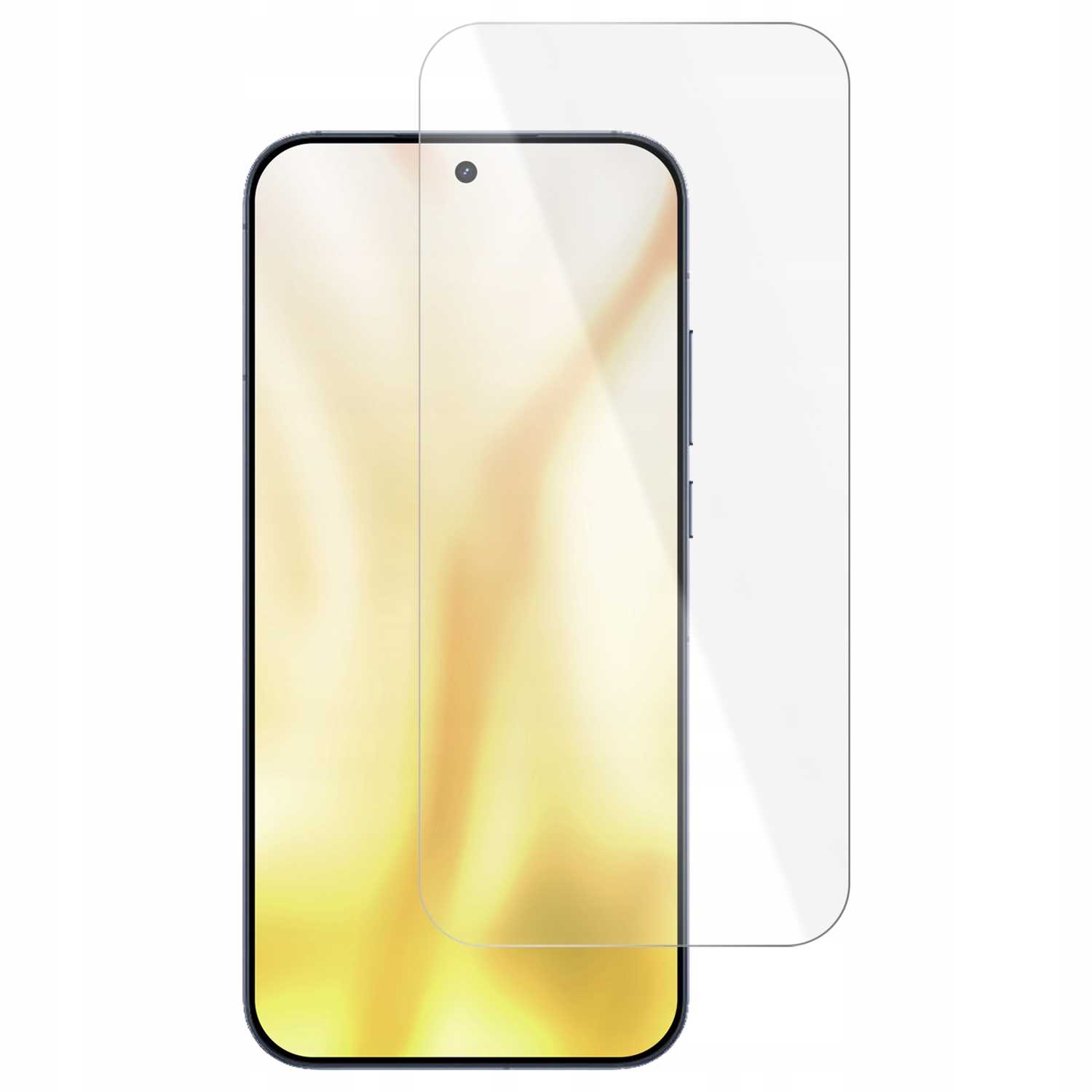 Smartfon z ochraniaczem ekranu. Telefon jest czarny z gradientowym złotym ekranem. Ochraniacz jest przezroczysty.