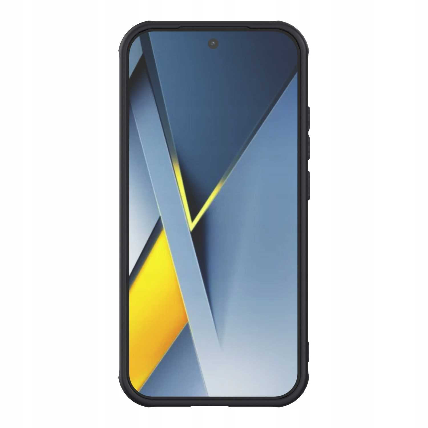 Smartfon w czarnym etui. Ekran wyświetla abstrakcyjne kształty w kolorach niebieskim, szarym i żółtym.