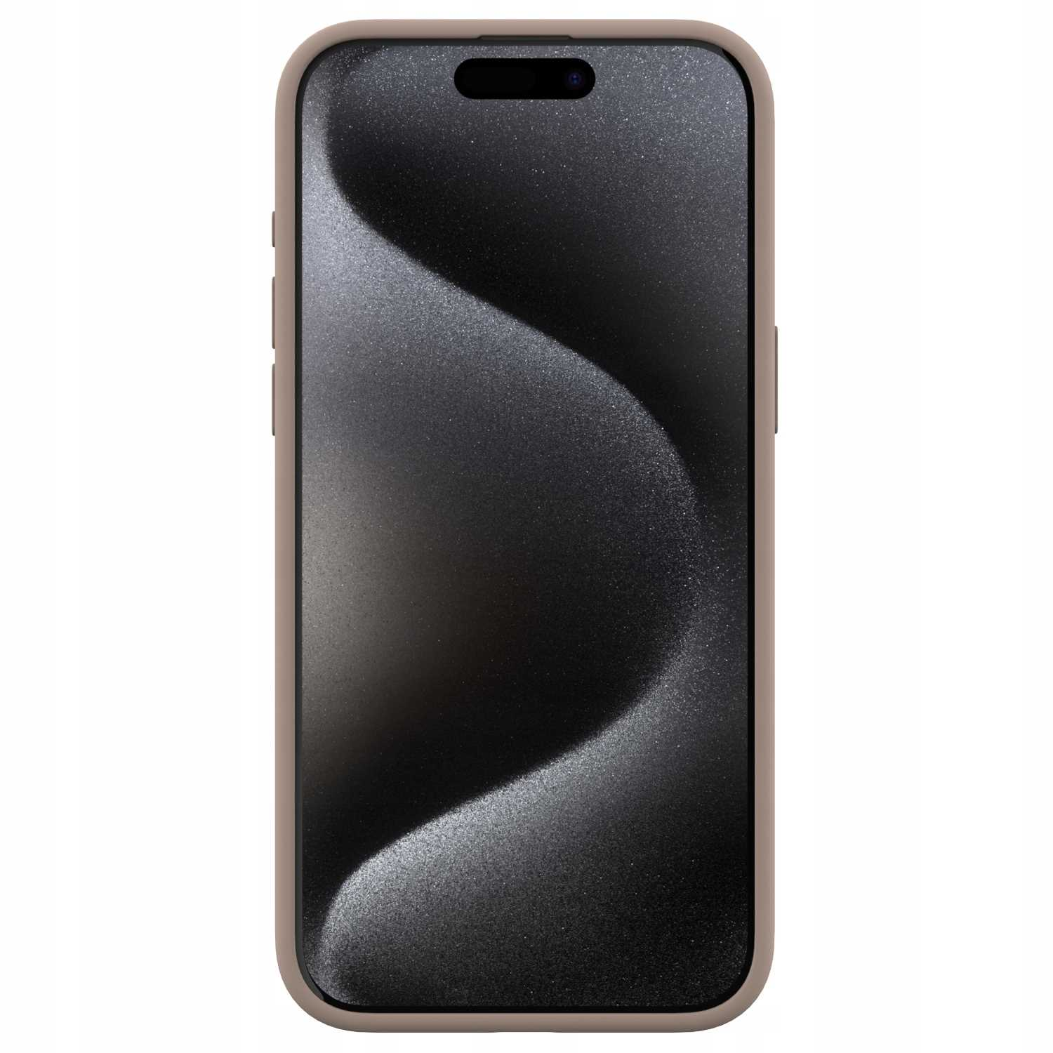 Smartfon w brązowym etui, z czarnym ekranem z falistym wzorem. Tło jest białe.