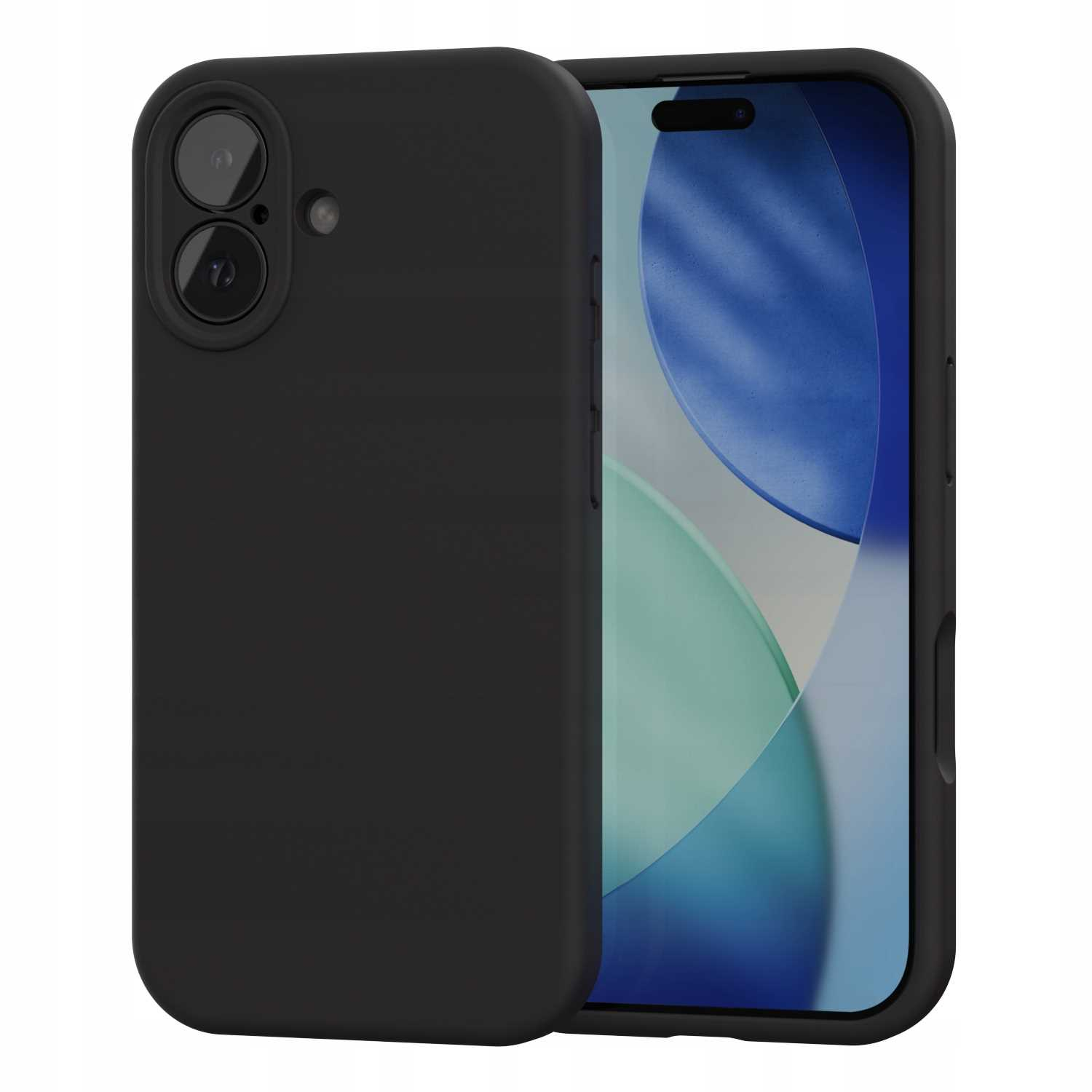 Czarna obudowa obok telefonu z niebiesko-zieloną tapetą. Obudowa ma dwie soczewki aparatu.