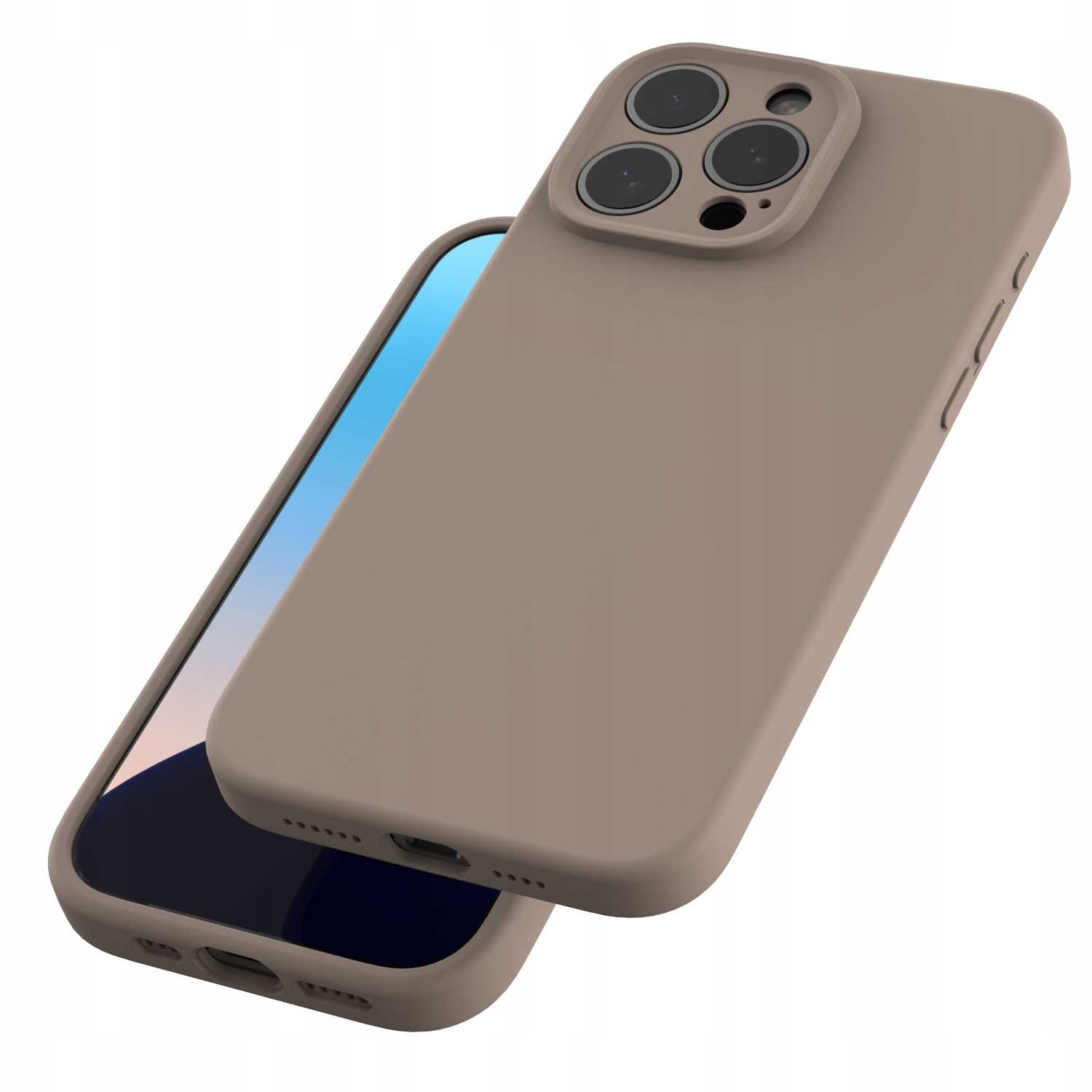 Beżowe etui na telefon z czterema obiektywami aparatu jest wyświetlane obok telefonu. Ekran telefonu pokazuje gradient niebiesko-czarny.