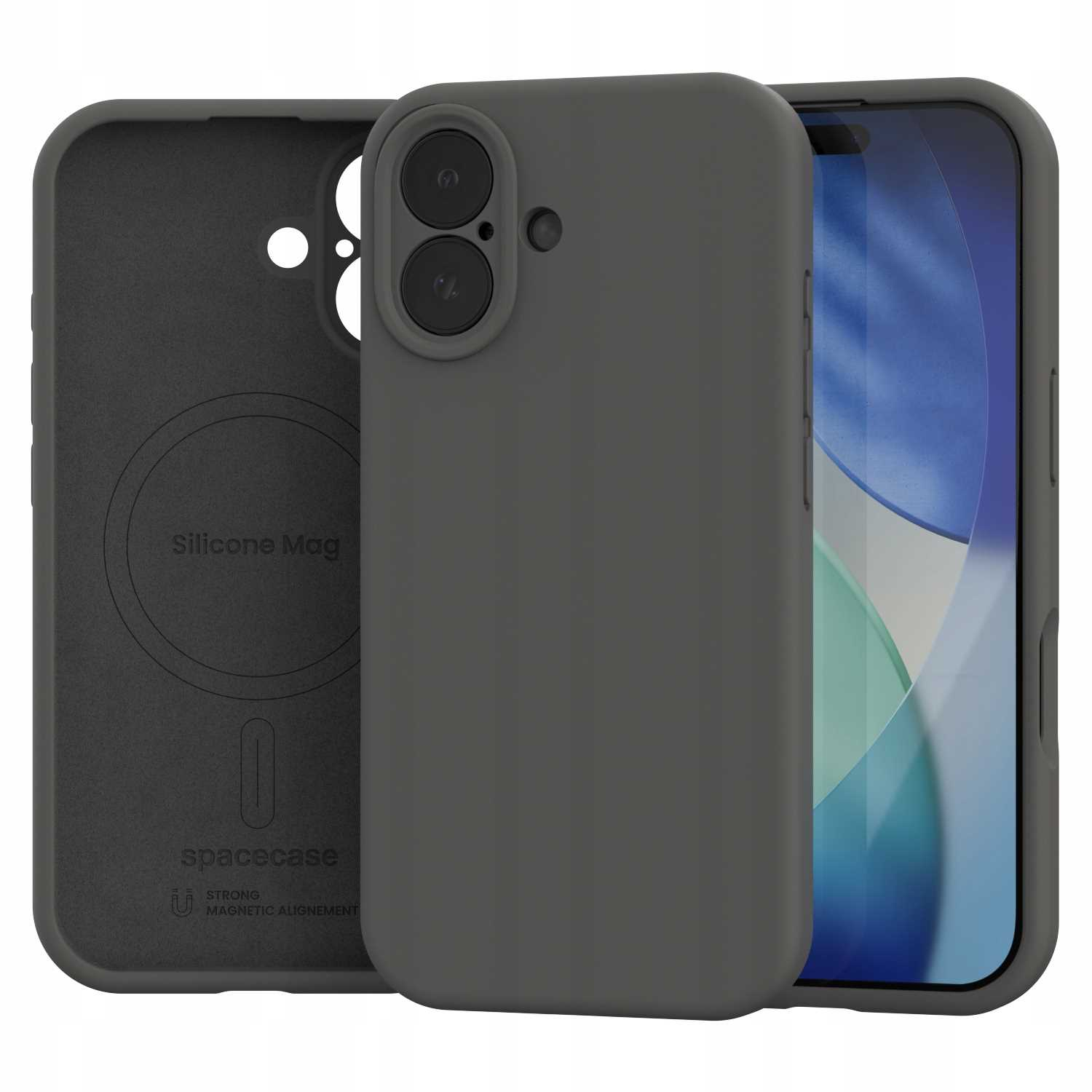 Ciemnoszara obudowa telefonu obok telefonu. Obudowa jest otwarta, ukazując wnętrze i ekran telefonu.